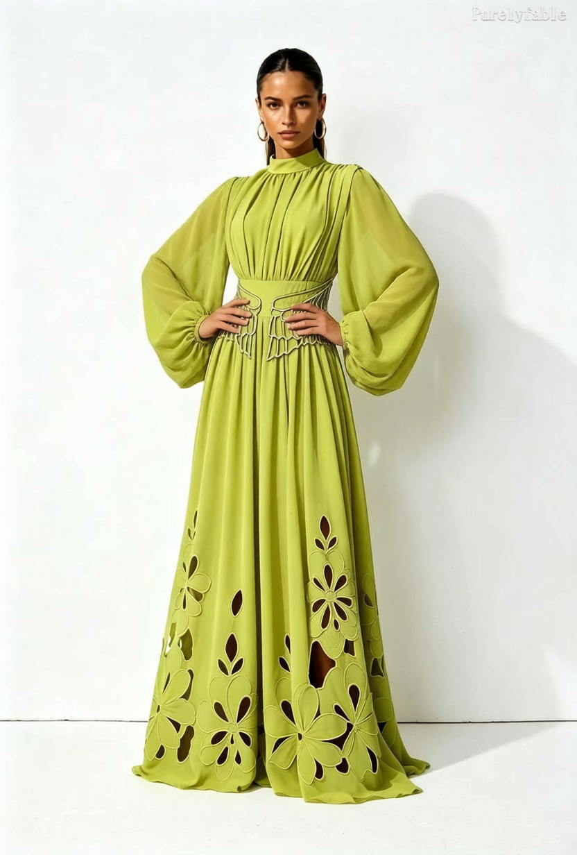 Daphne Green Pleated Small High Neck Bubble Sleeve Dress