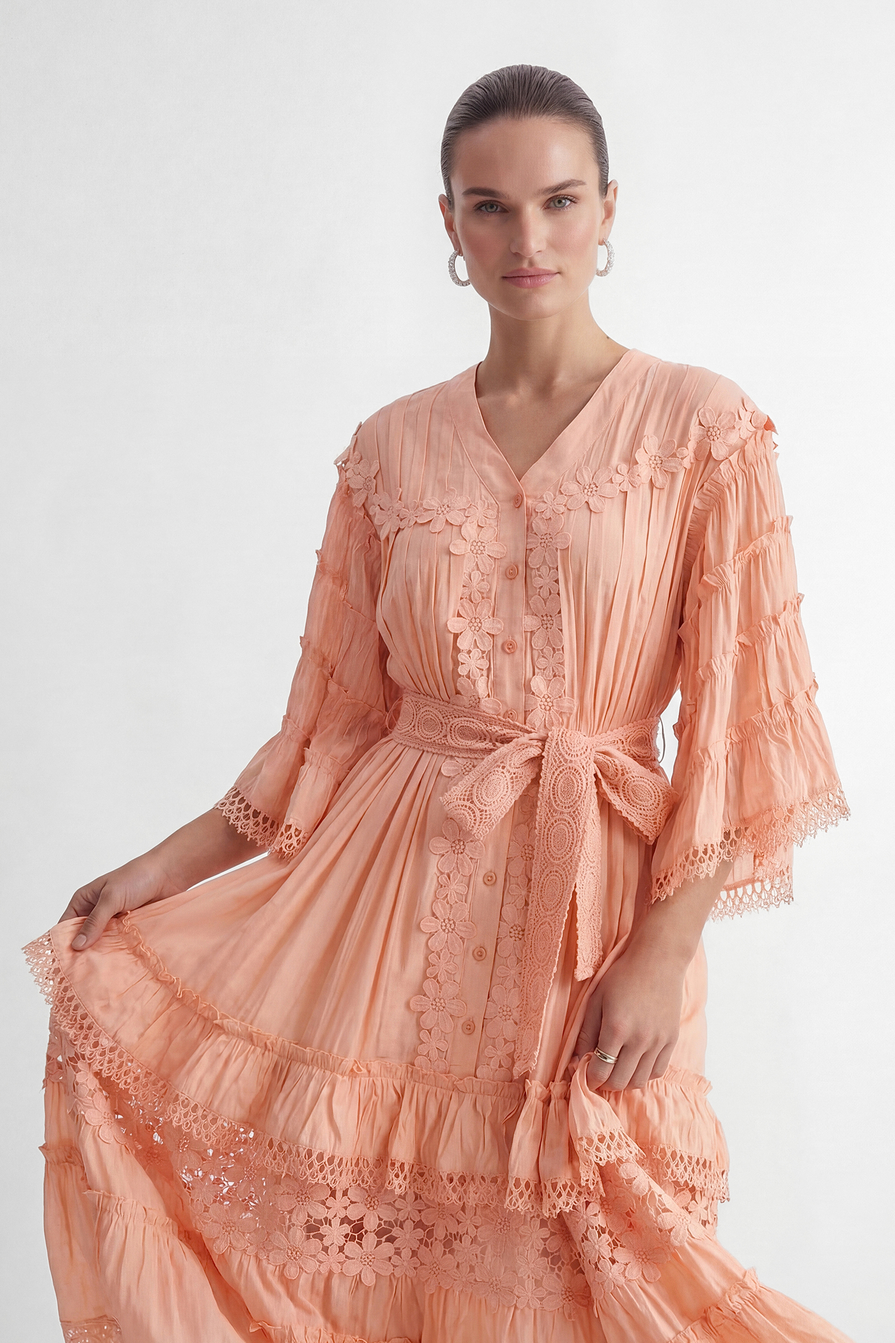 Sweet Sophistication Pink Floral Applique Tiered Maxi Dress-purelyfable