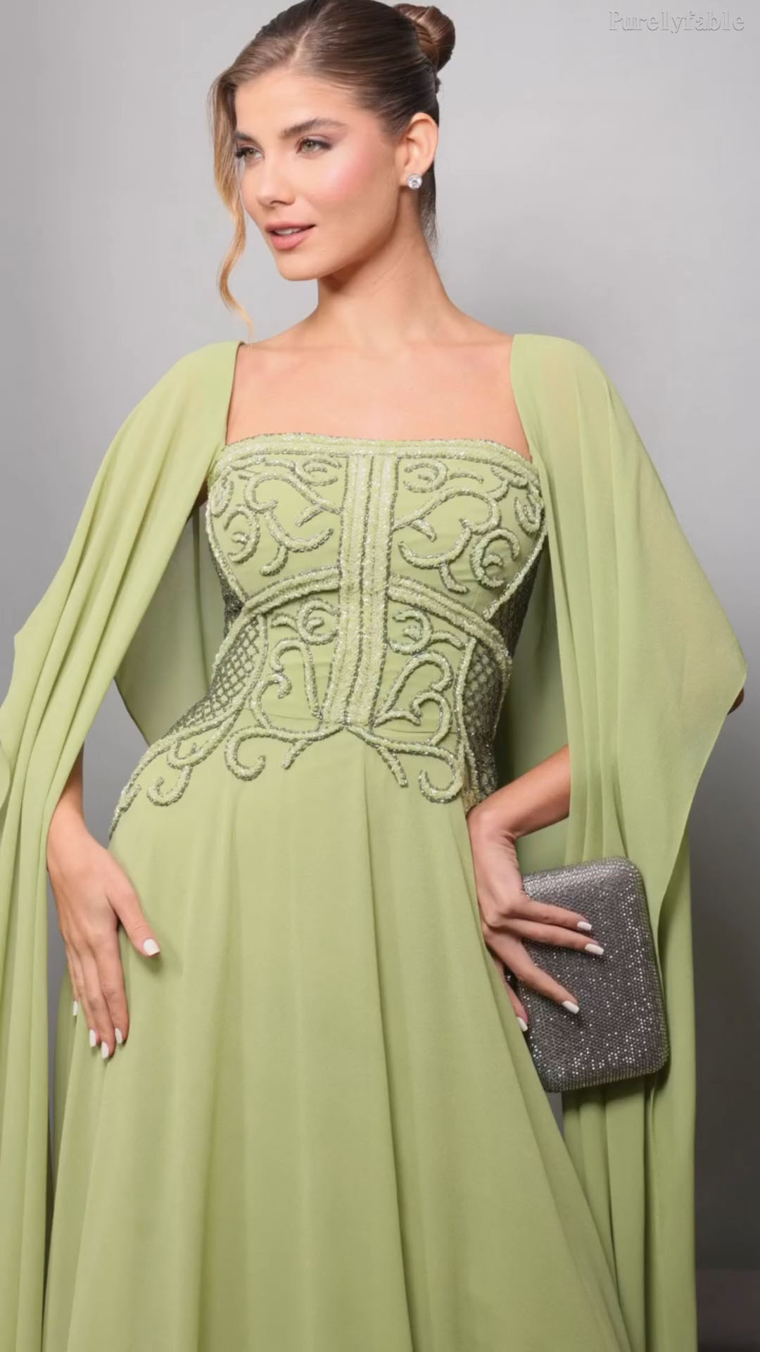 Greta Matcha Green Strapless Chiffon Shawl Dress