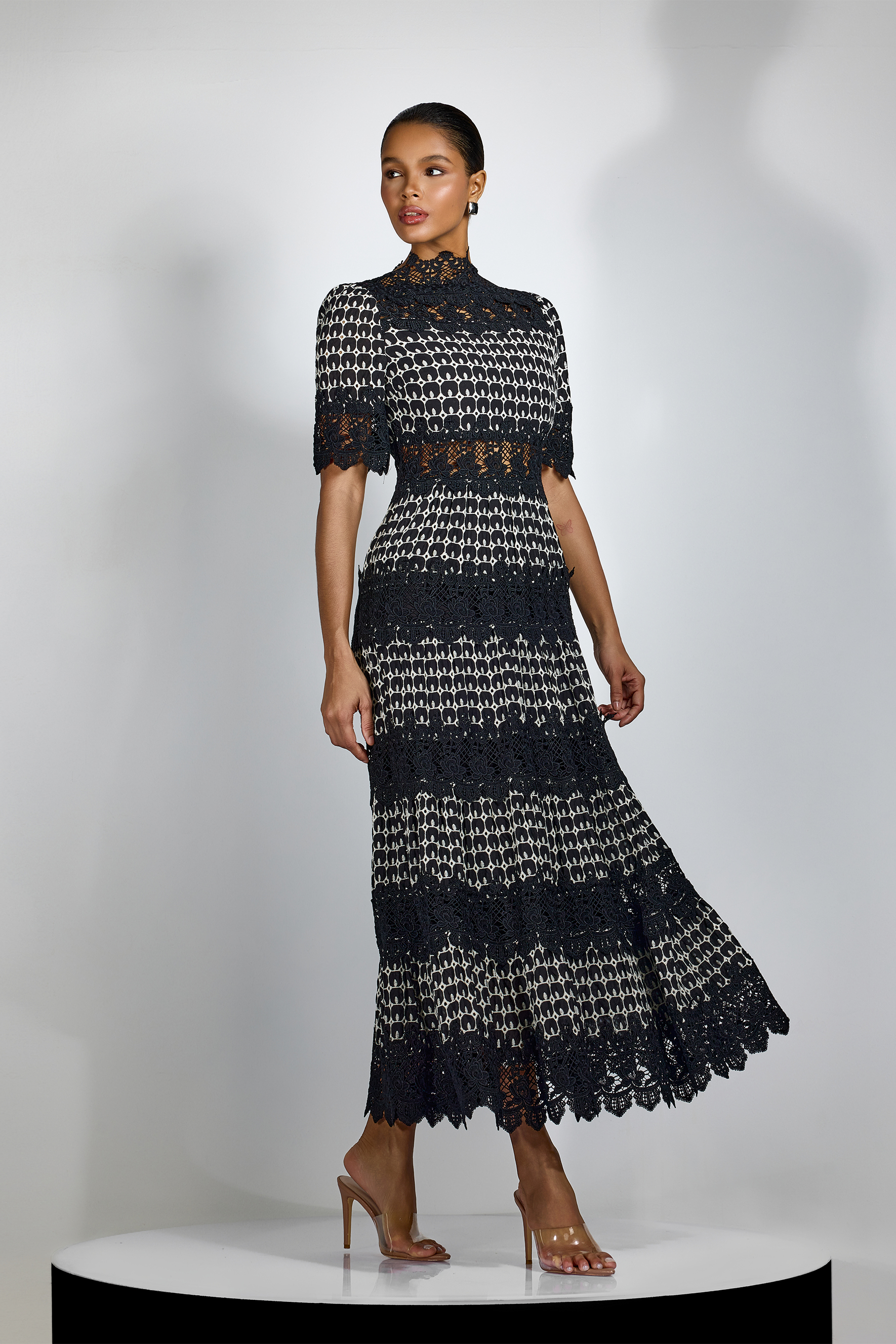 Sabrina Embroidered Lace Short Sleeve Midi Dress-purelyfable
