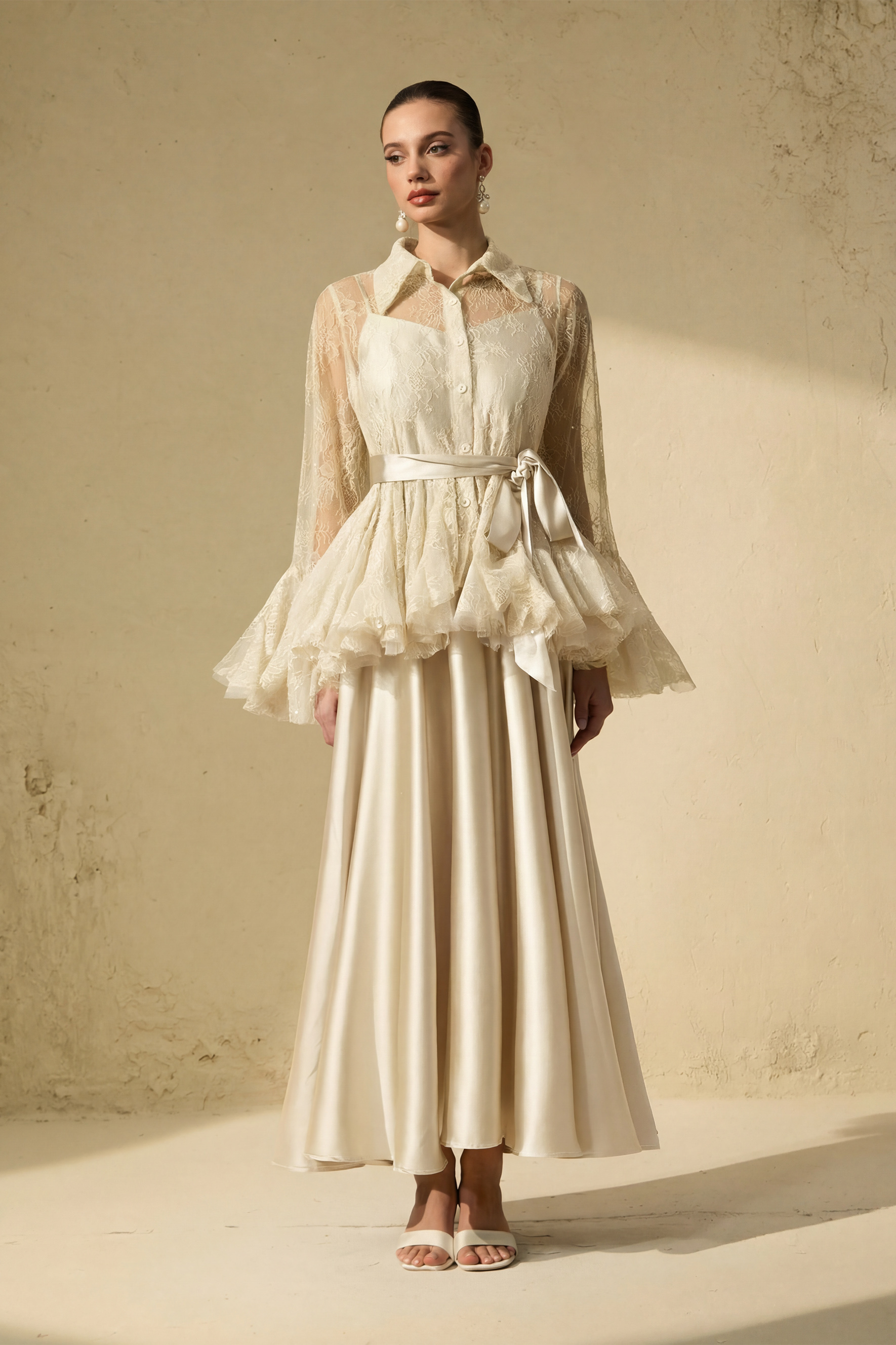 Soft Morning Mist Apricot Sheer Ruffled Blouse & Satin Dress Set-purelyfable