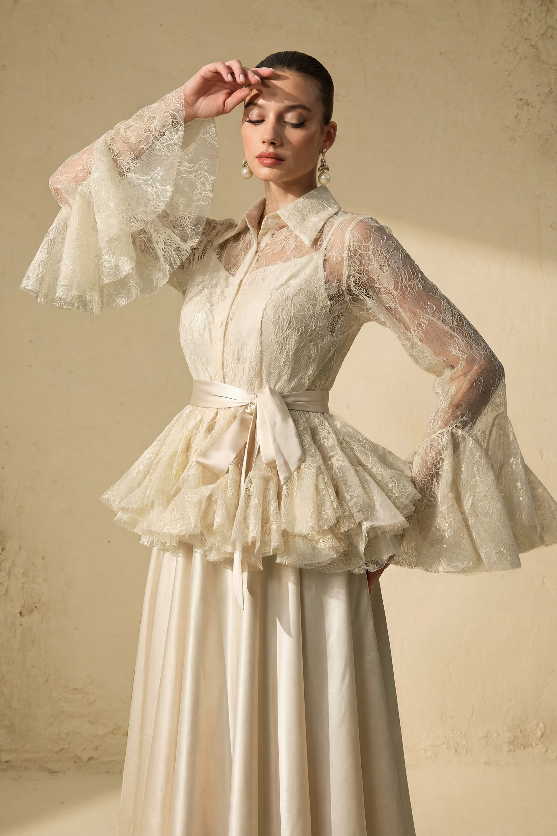 Soft Morning Mist Apricot Sheer Ruffled Blouse & Satin Dress Set-purelyfable