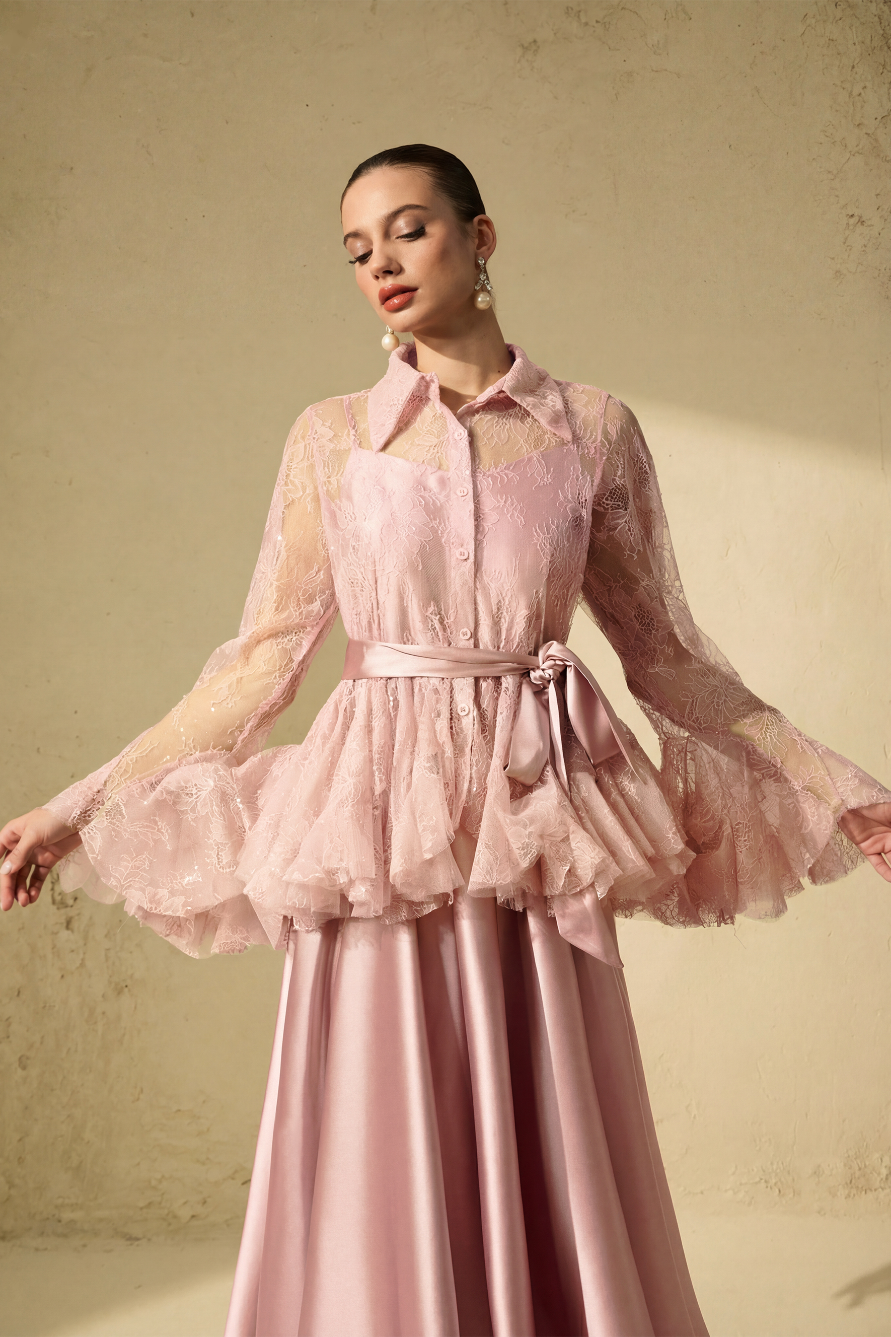 Soft Morning Mist Pink Sheer Ruffled Blouse & Satin Dress Set-purelyfable