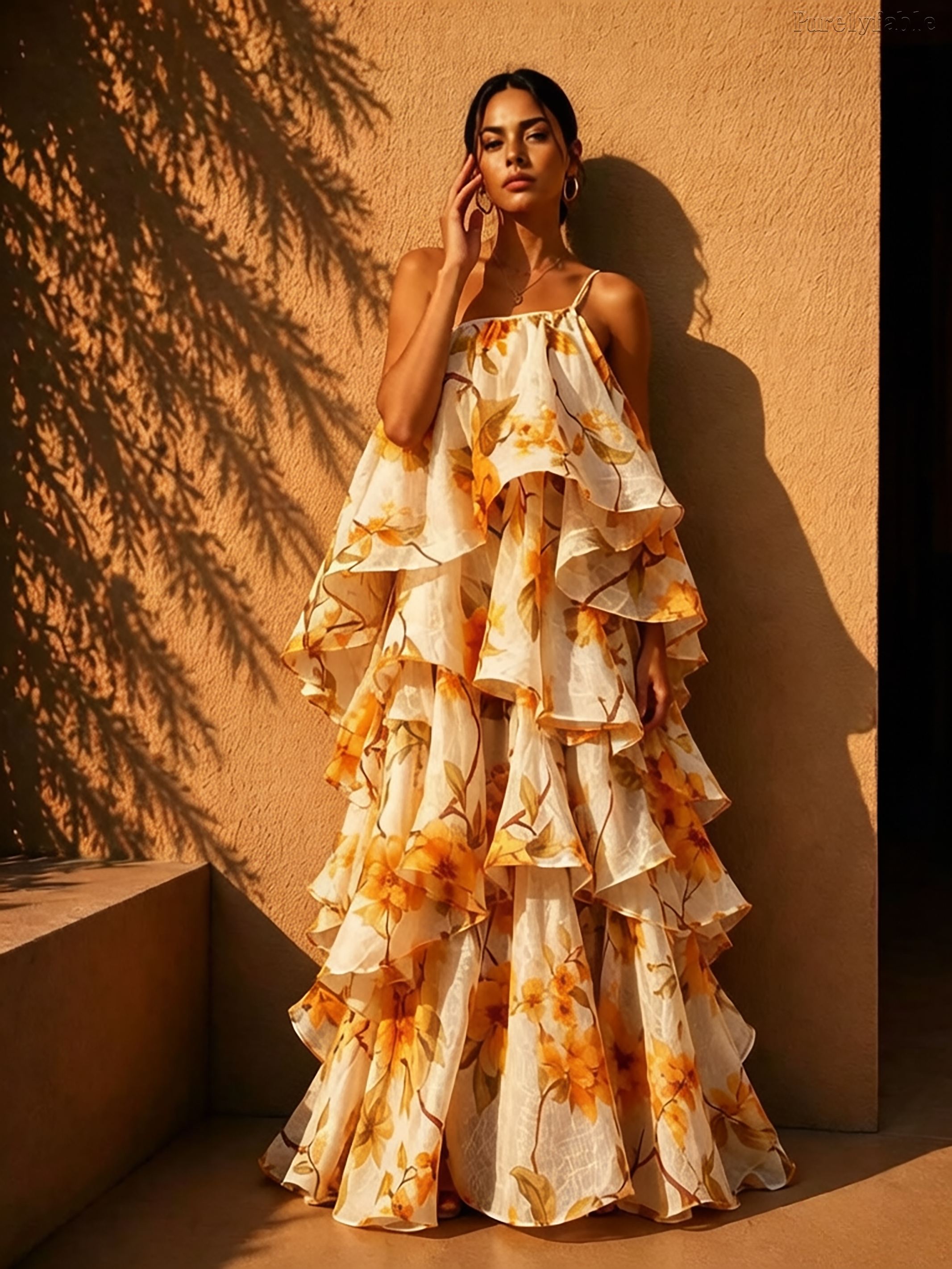 Zora Colored Single-Sided Off Shoulder Layered Floral Dress