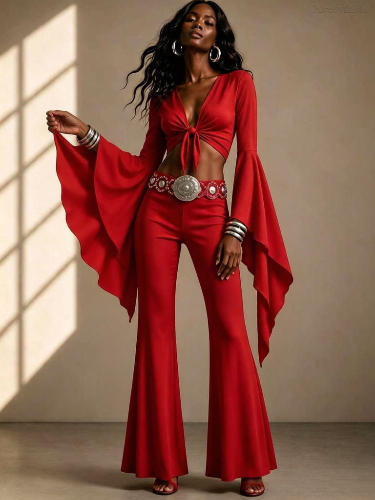 Olive Red Strap Short Style Flared Sleeve Long Pants Two-Piece Set