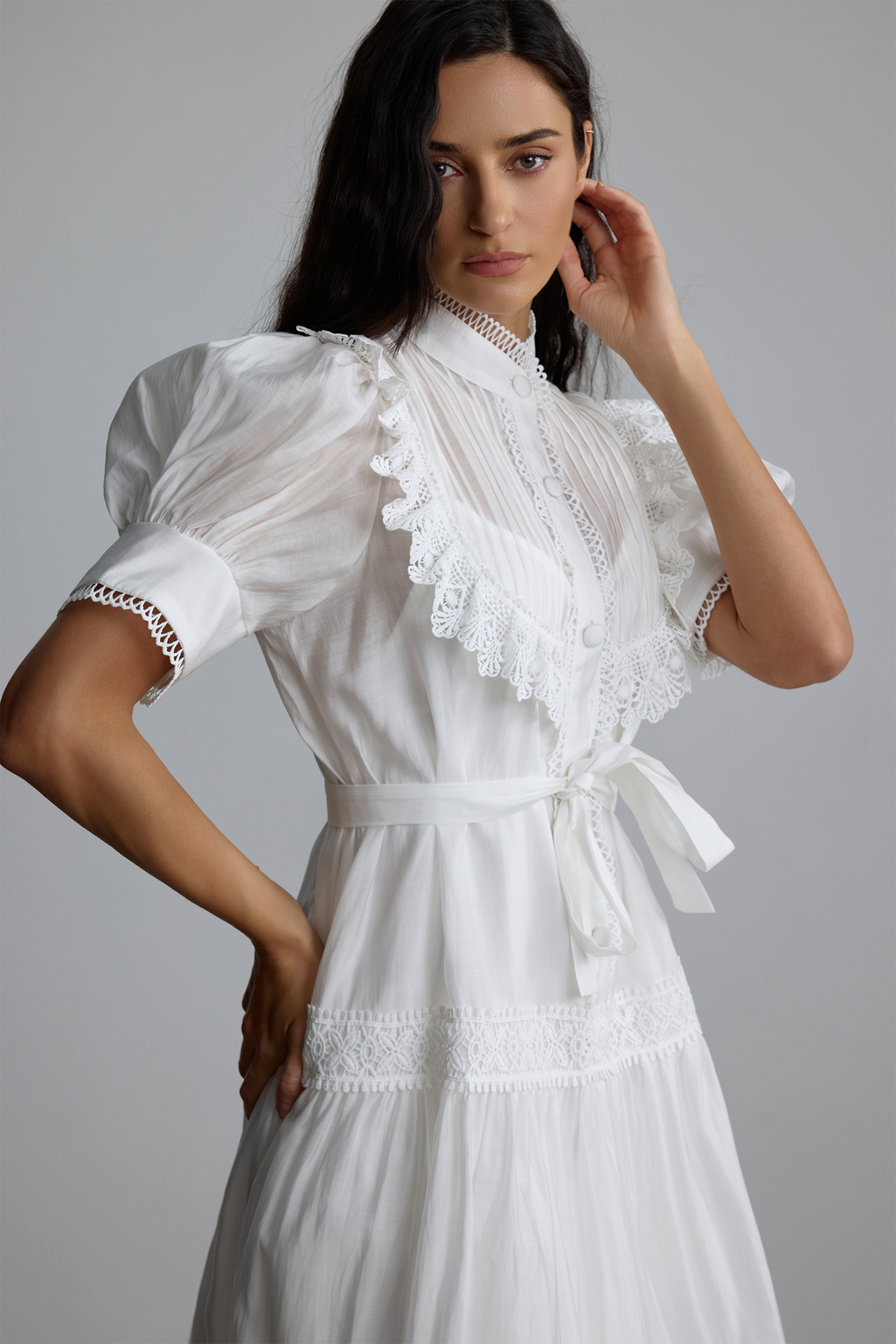 Annette Lace Trim Puff Sleeve Mini Dress-purelyfable