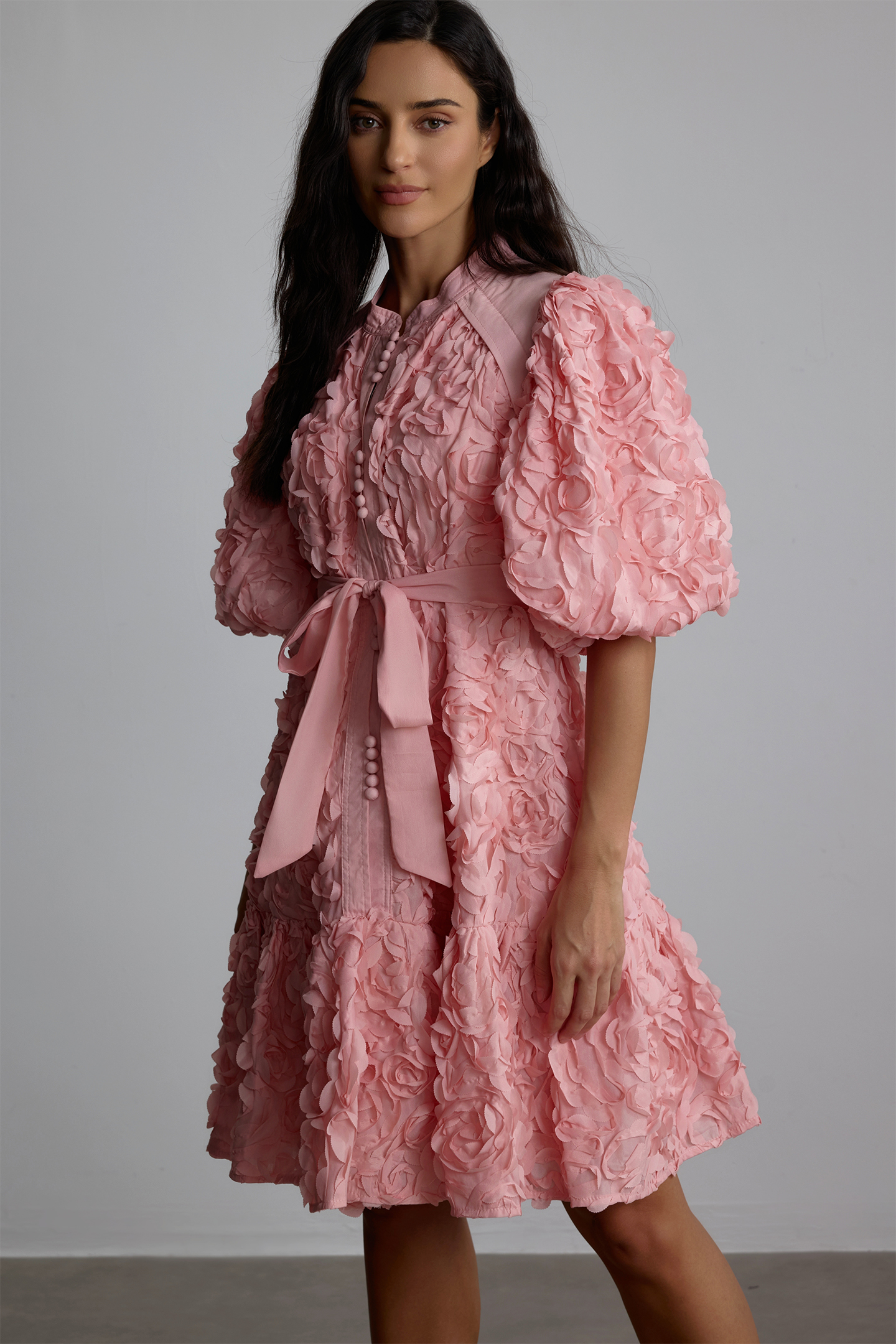 Emeline 3D Floral Balloon Sleeve Mini Dress-purelyfable