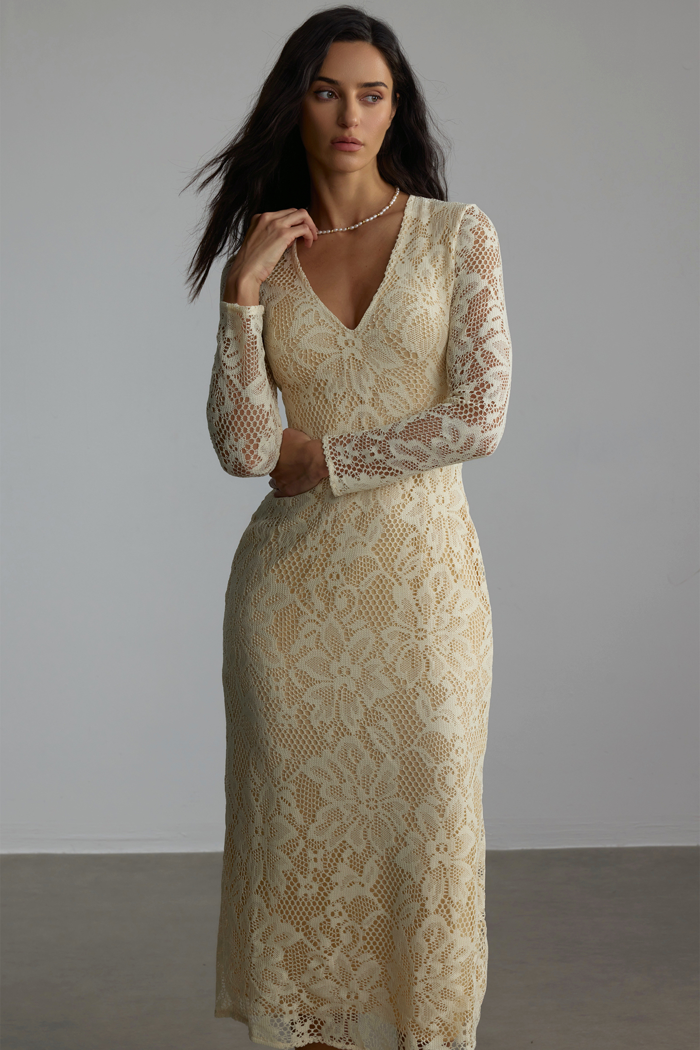 Olivia V-neck Long Sleeve Lace Midi Dress-purelyfable