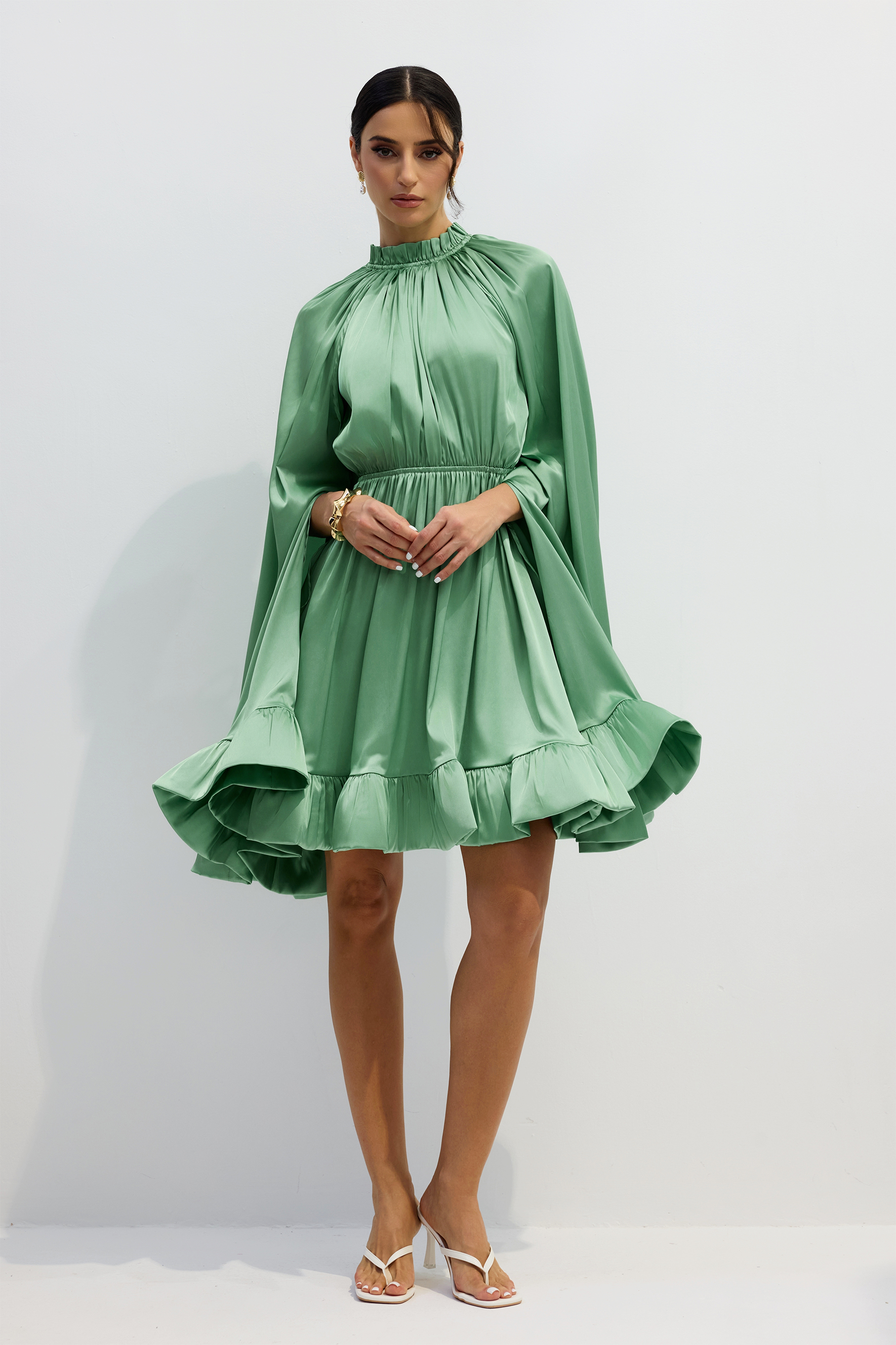 Octavia Cape Sleeve Ruffle Hem Mini Dress-purelyfable