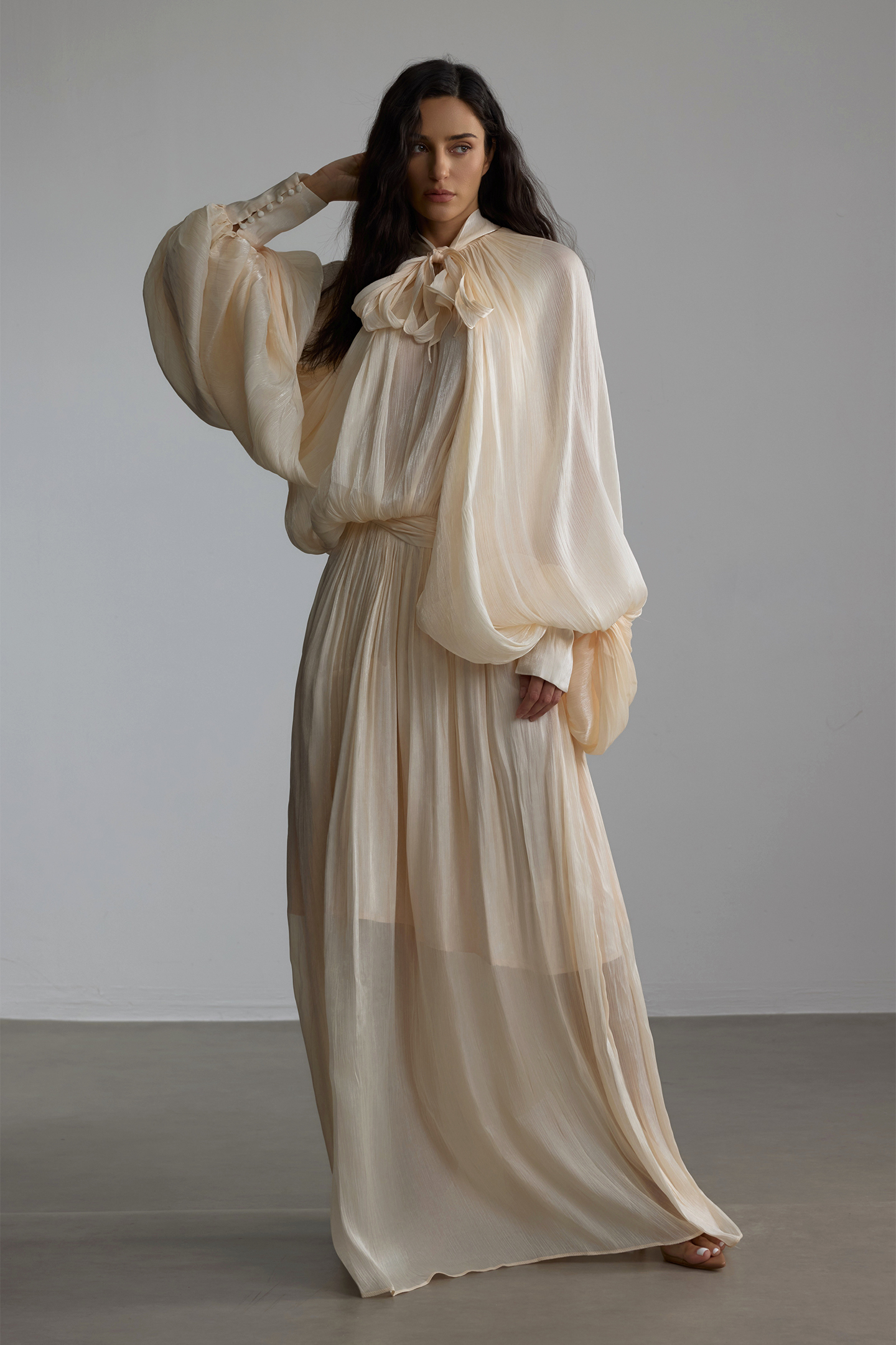 Eliza Tie Neck Puff Sleeve Maxi Dress-purelyfable