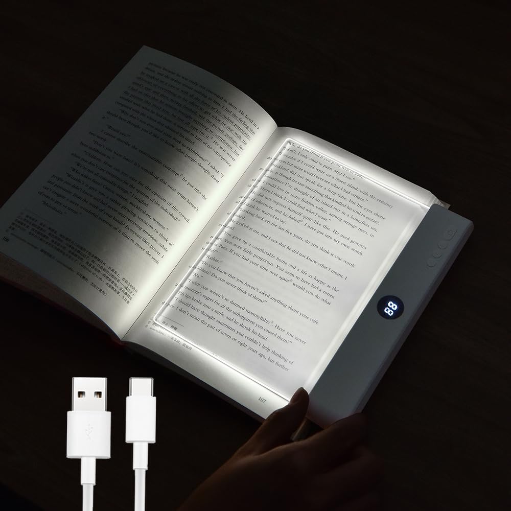 Book Light, Rechargeable Clear LED Flat Reading Light with 3 Colors & Timer, Dimmable Panel Plate Lamp Book Full Page Light for Reading in Bed at Night, Funny Gifts for Readers Kids Women Men (White)