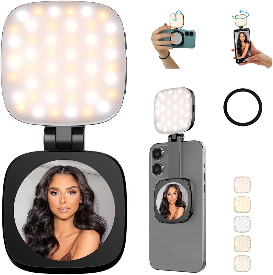 Magnetic Selfie Light Compatible with MagSafe for iPhone – Rechargeable LED Fill Light with Mirror, CRI≥95, 5 Color Temps, Foldable Ring Light