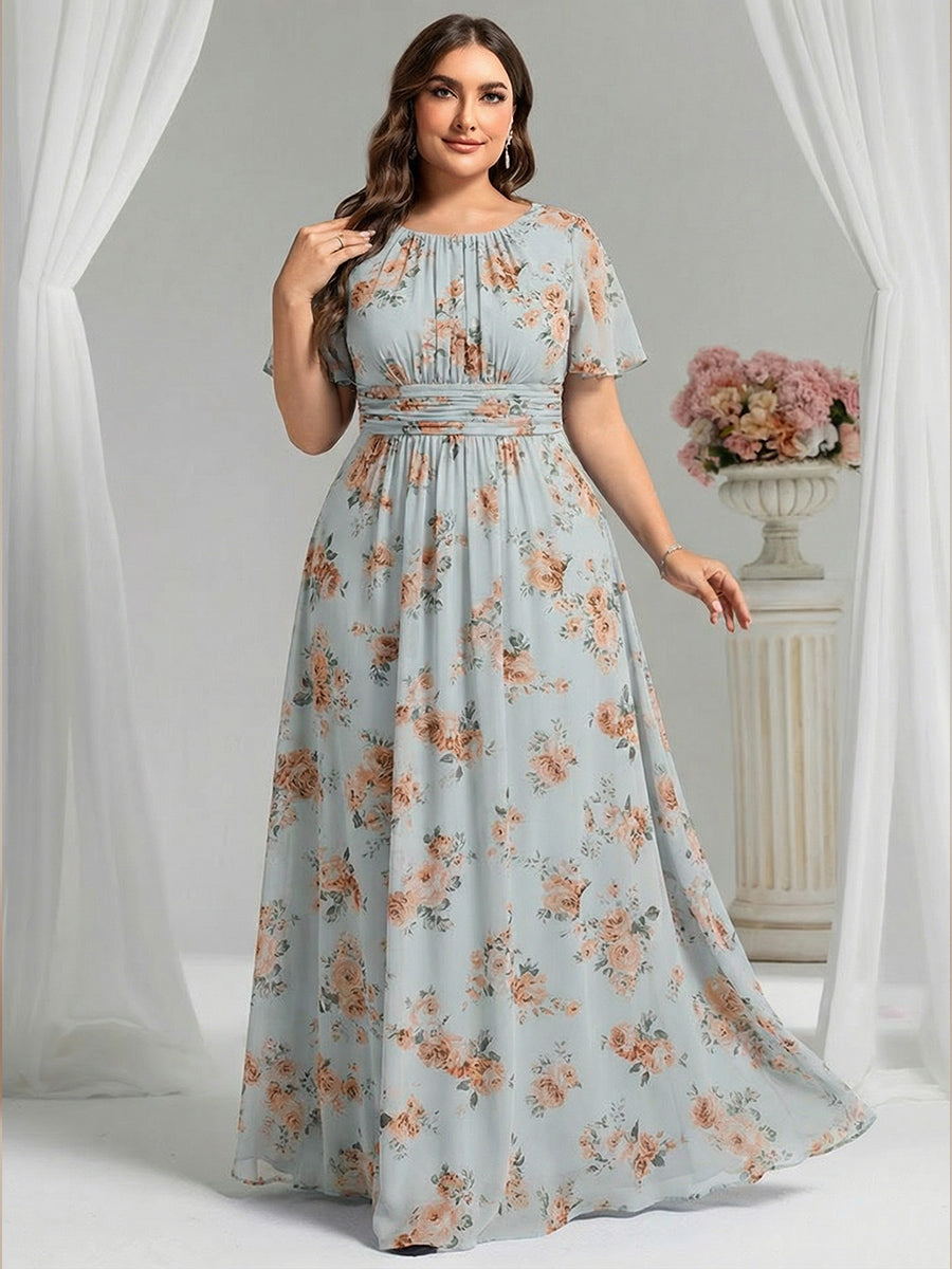 Plus Size Printed Chiffon Pleated Maxi Wedding Guest Dress