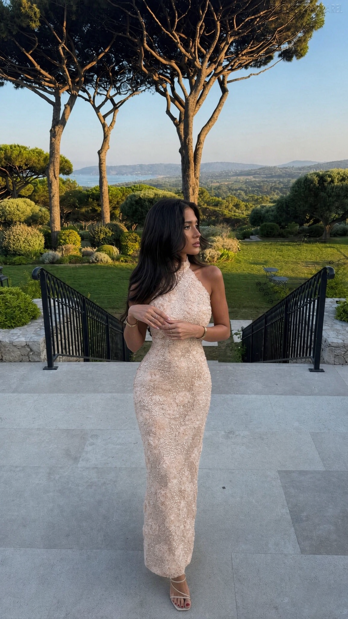 Elina Apricot-Colored Halter Sequined Dress
