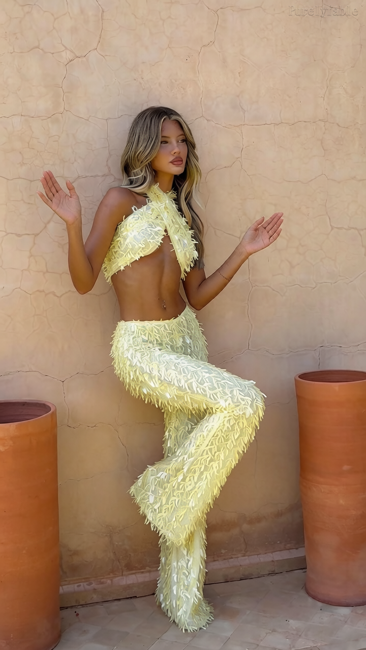 Autumn Yellow Hanging Neck Twisted Pants Two Piece Set