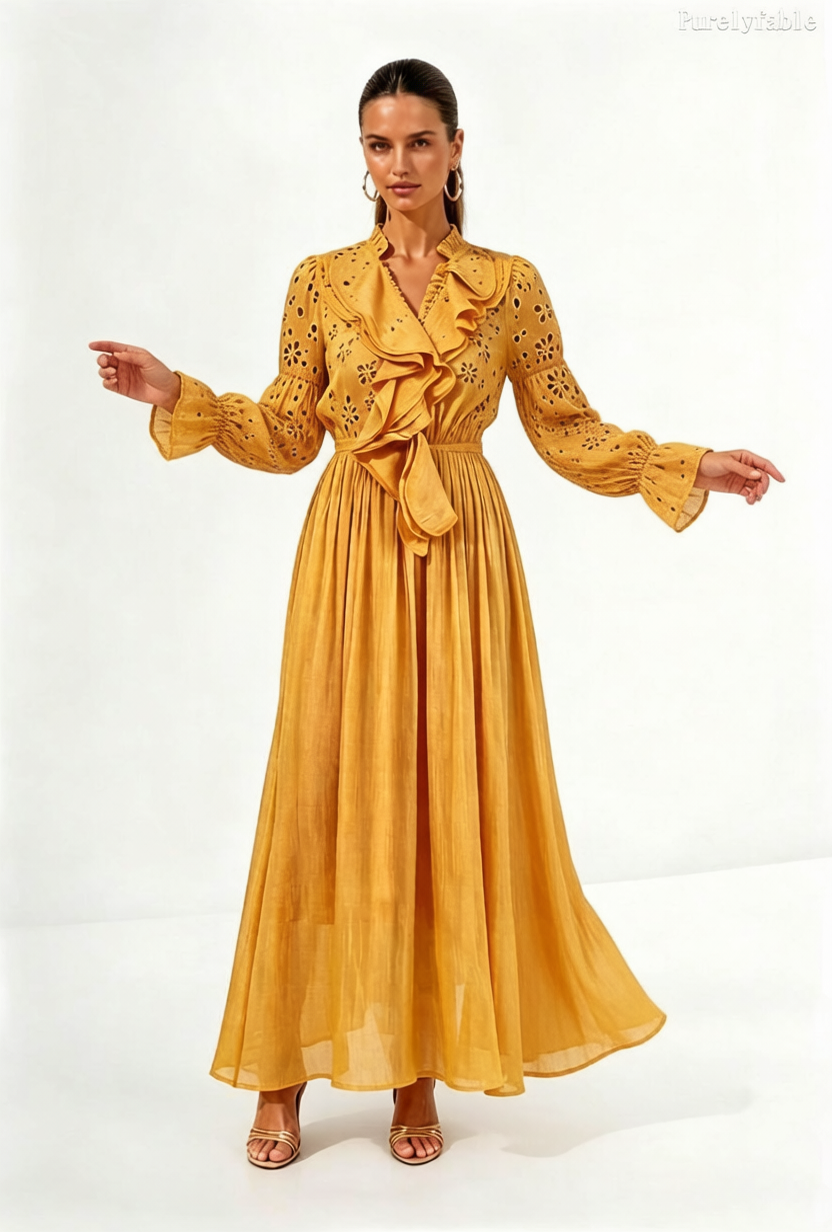 Giselle Yellow Ruffled V-neck Hollow Out Dress