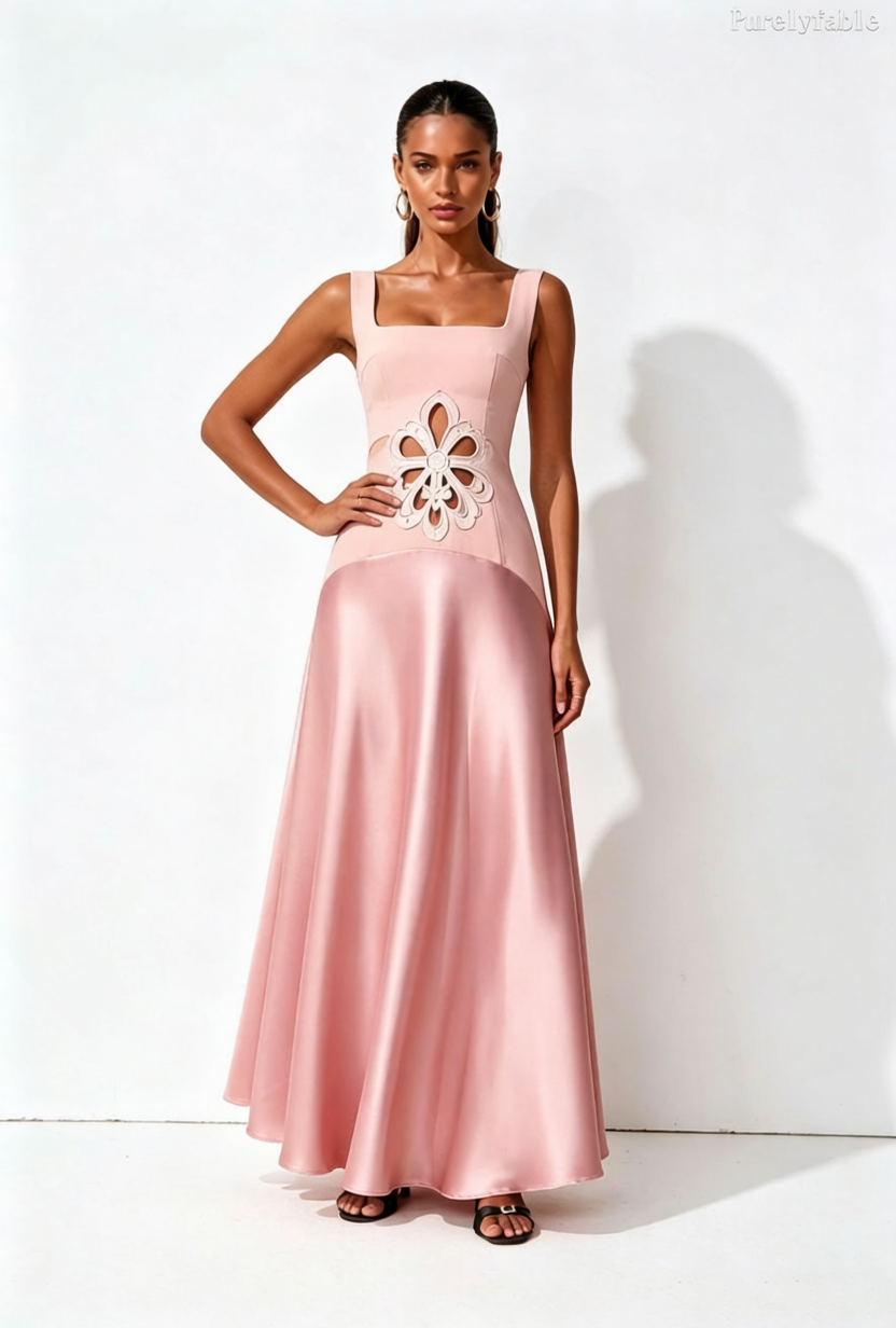Daphne Pink Square Neck Sleeveless Hollow Out Dress
