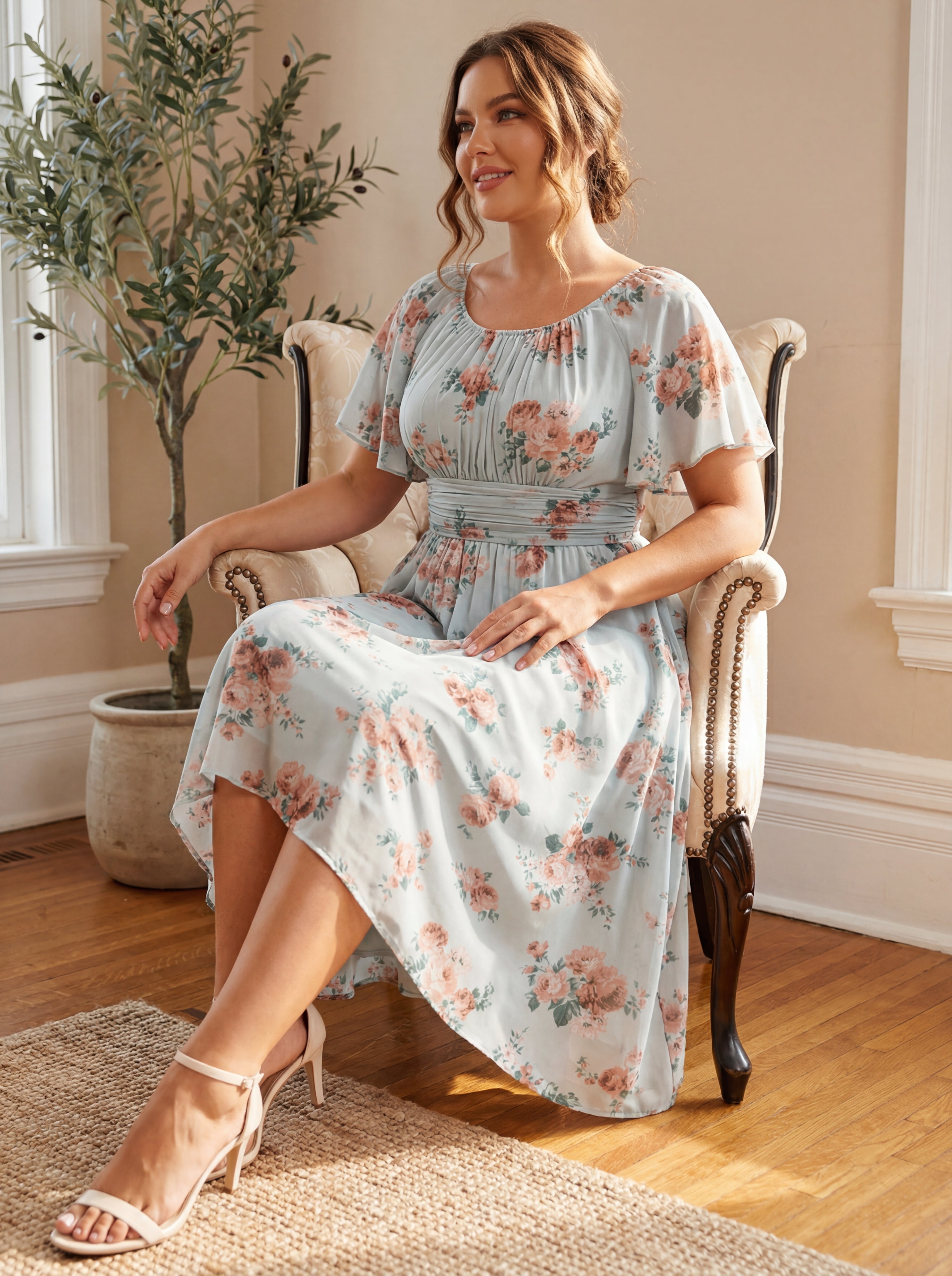 Plus Size Pleated Round Neckline A-Line Midi Chiffon Wedding Guest Dress
