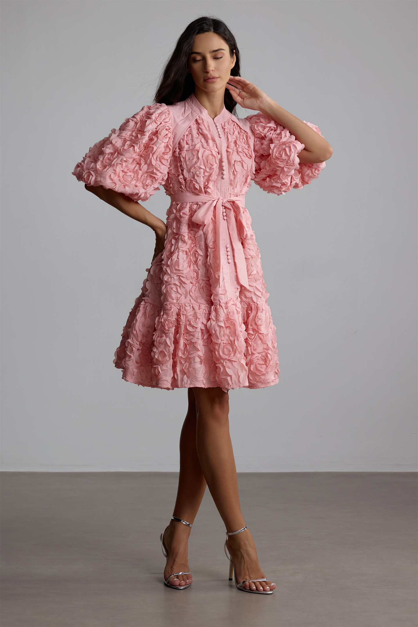 Emeline 3D Floral Balloon Sleeve Mini Dress-purelyfable
