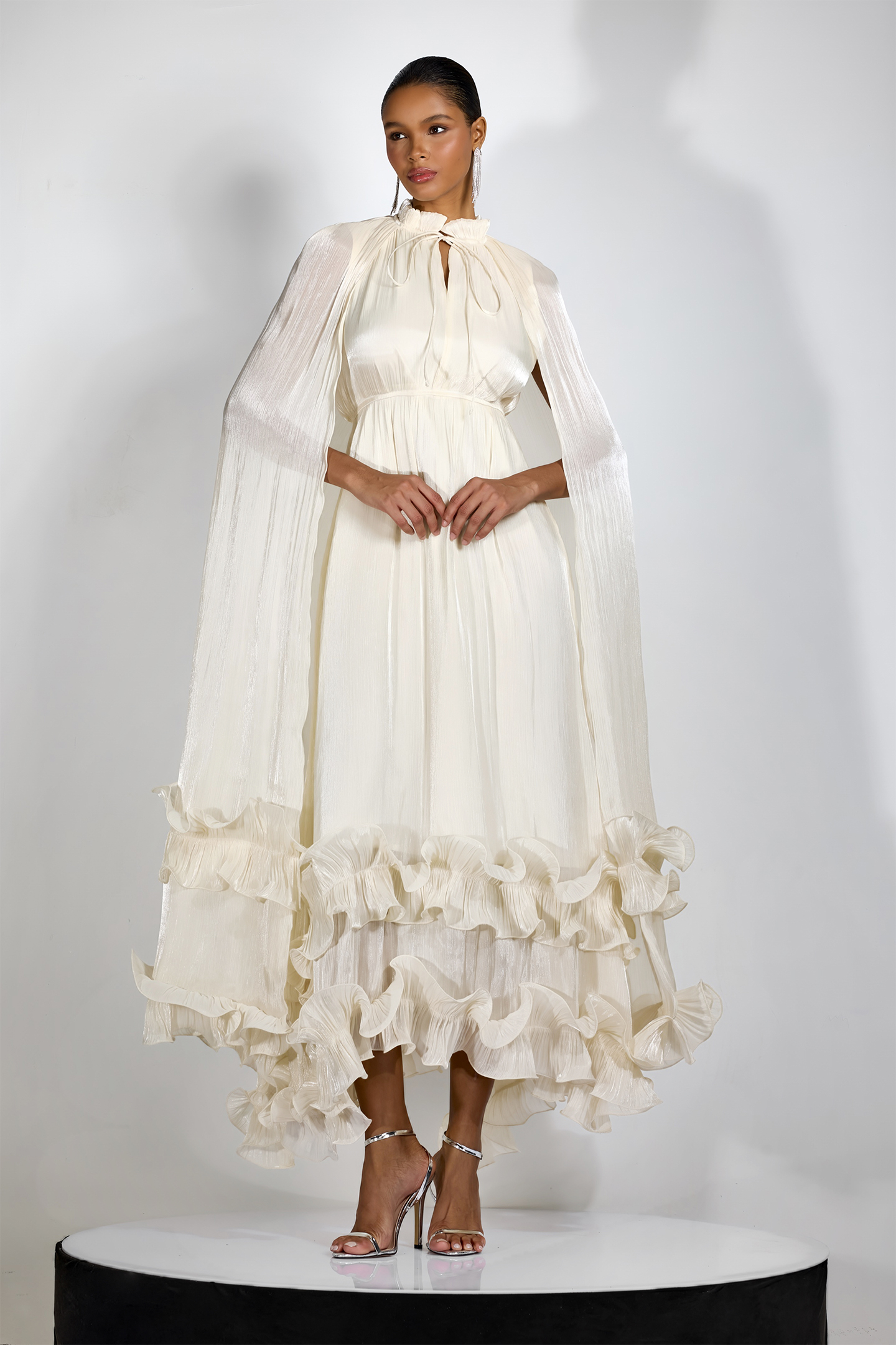 Shirley Cape-effect Ruffled Midi Dress-purelyfable