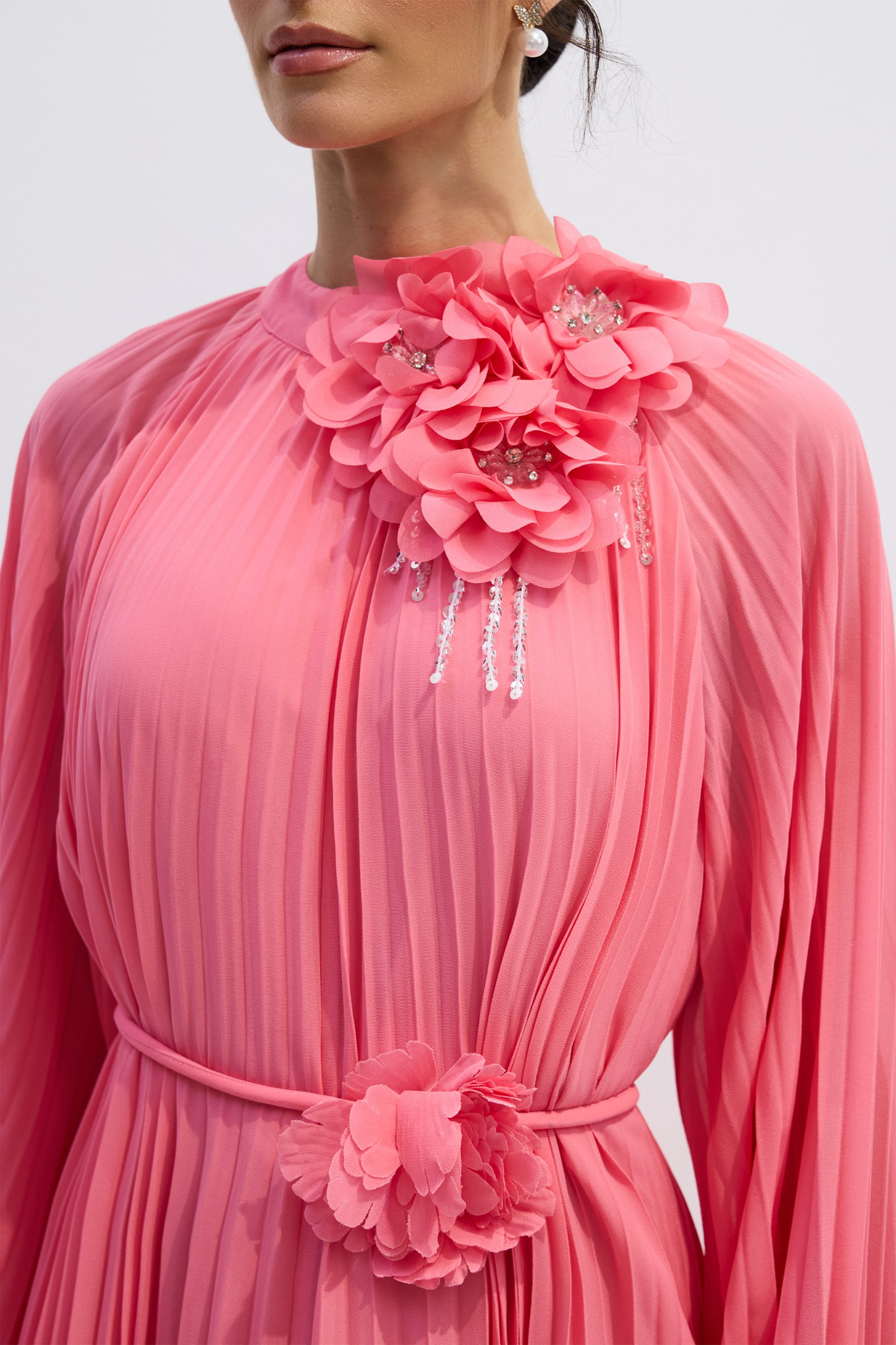 Irene Floral Applique Pleated Chiffon Maxi Dress-purelyfable