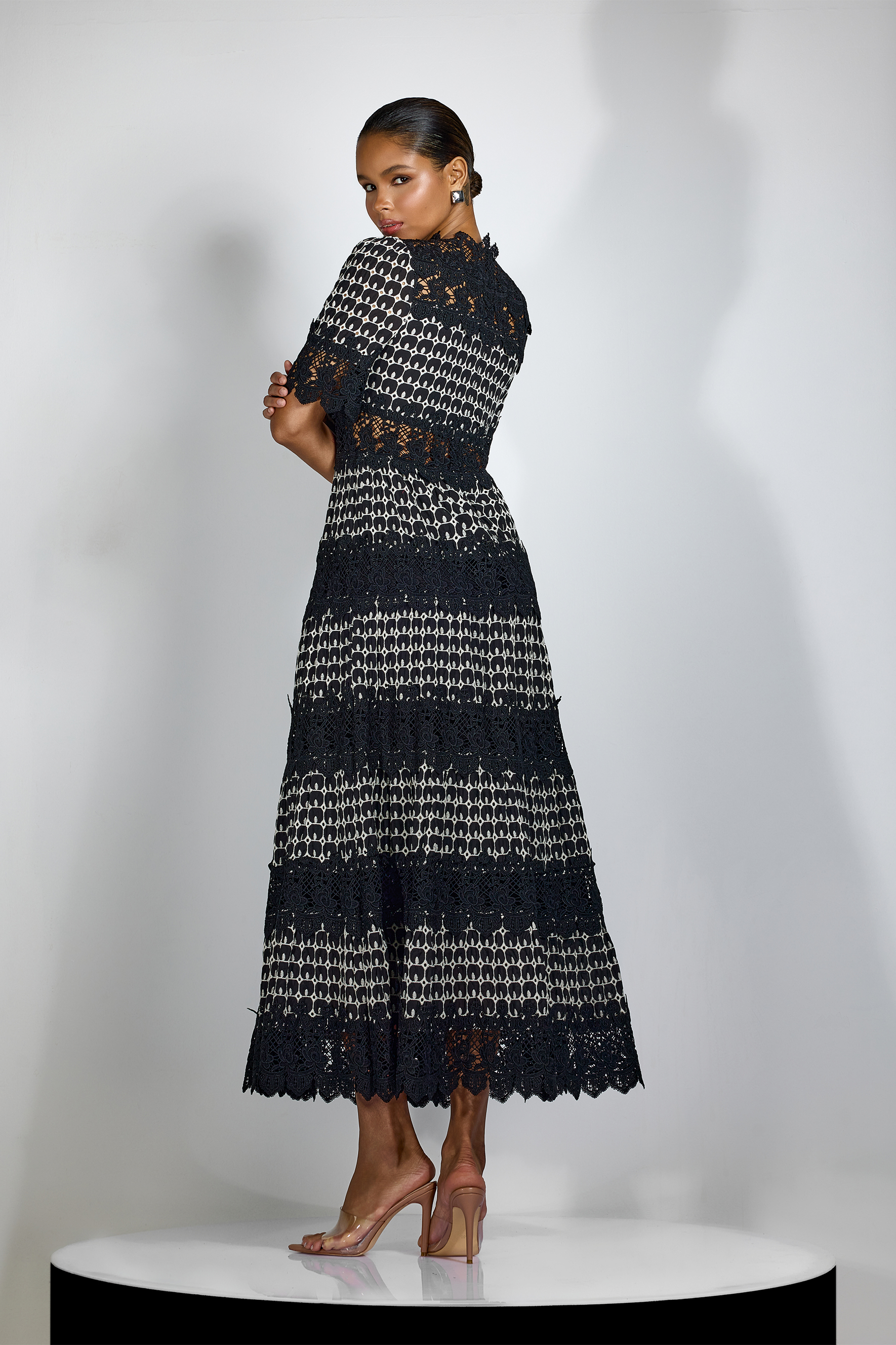 Sabrina Embroidered Lace Short Sleeve Midi Dress-purelyfable