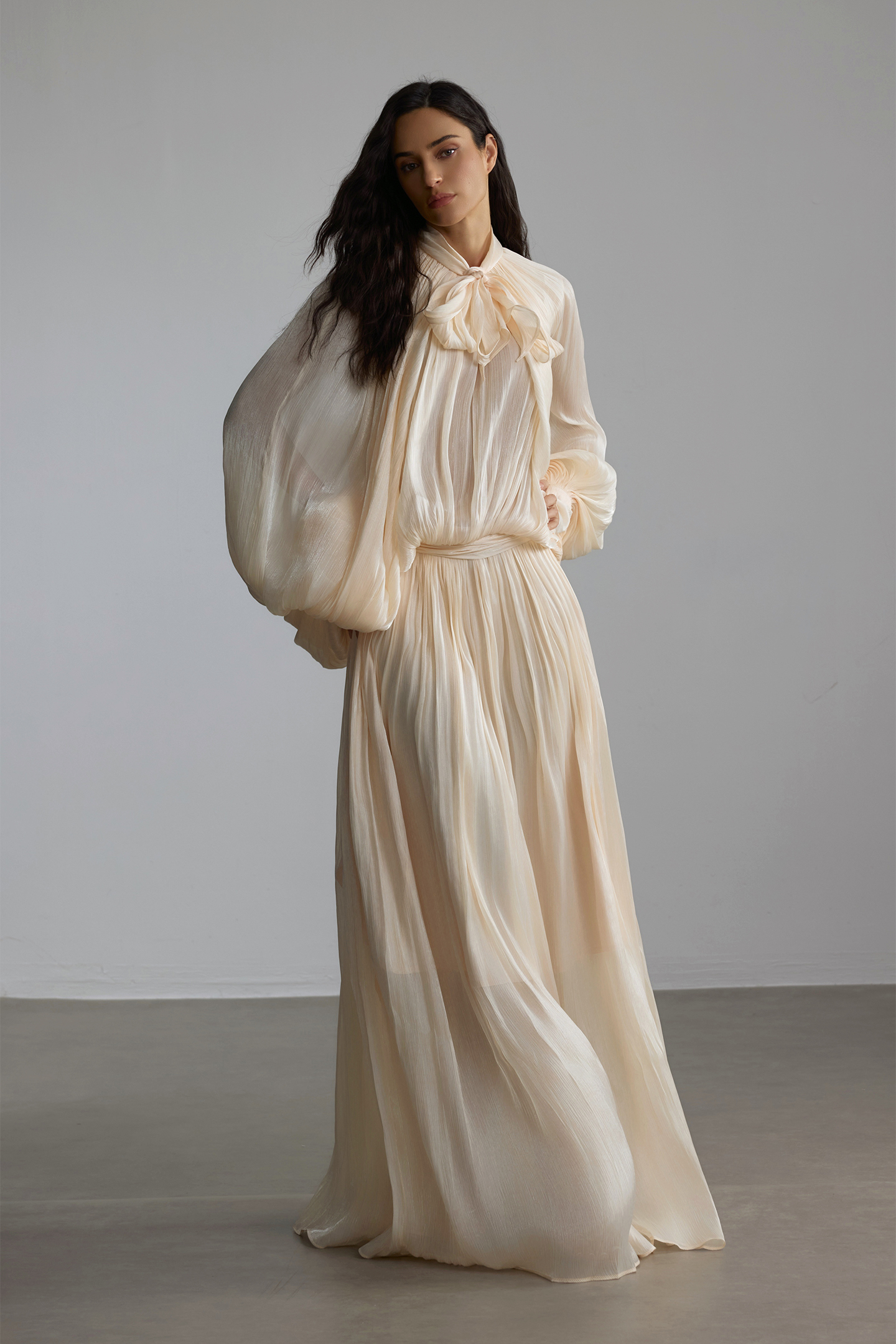 Eliza Tie Neck Puff Sleeve Maxi Dress-purelyfable