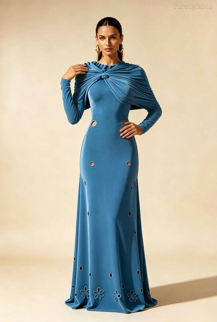 Daphne Blue Long Sleeve Hollow Flower Tail Dress