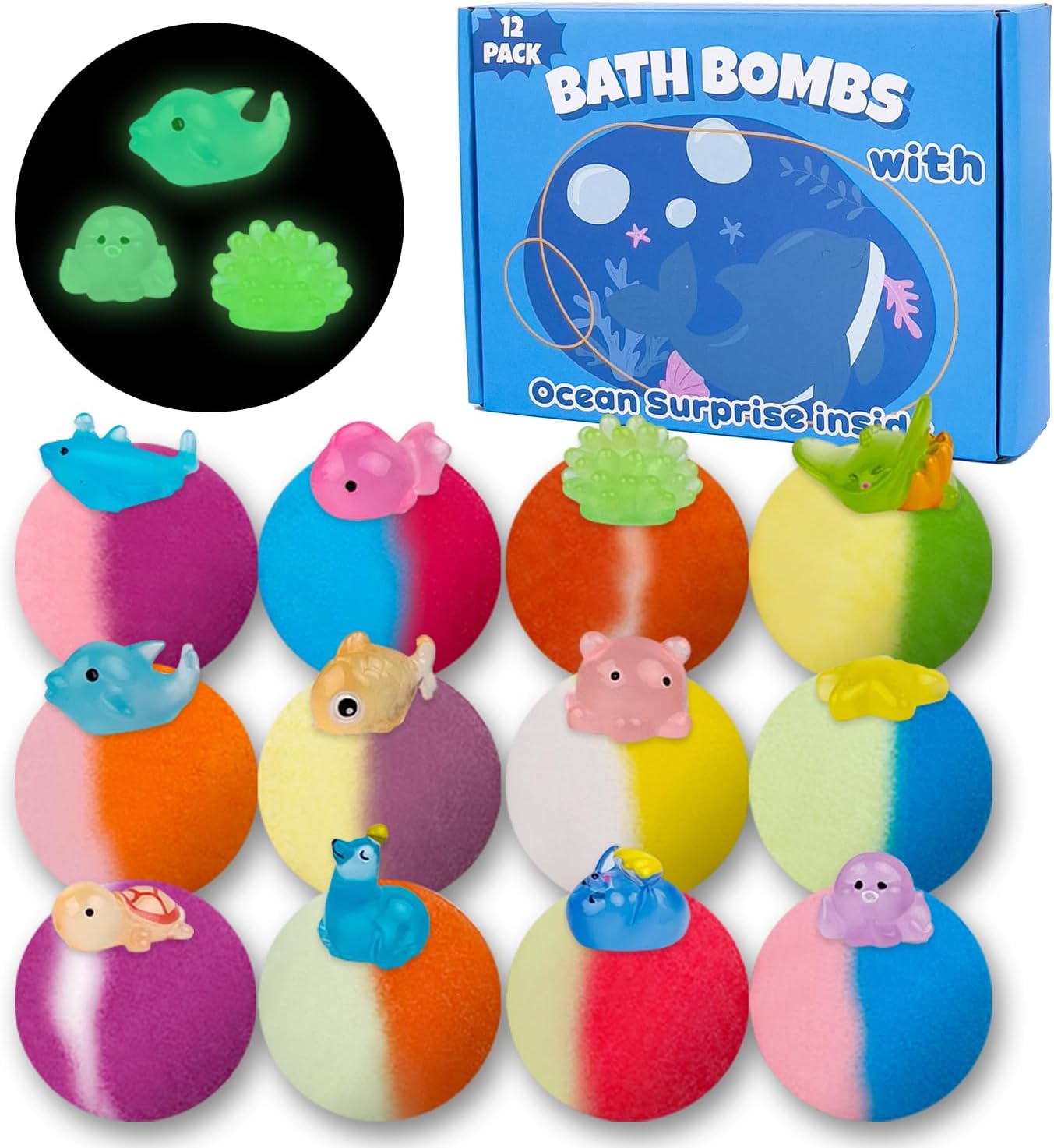 Bath Bombs for Kids with Toy Inside, 36 Pcs Bath Bombs with Glow in The Dark Dinosaur, Animal and Ocean Surprise Inside, Handmade Organic Bubble Bath Ball Gift Set for Birthday, Easter, Christmas