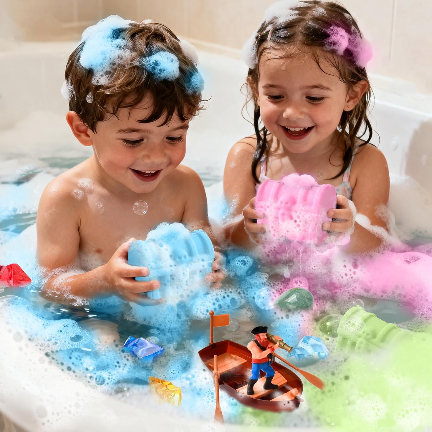 Bath Bombs for Kids with Diving Gem Toys Inside, 12 Pack Treasure Chest Bath Bombs with Surprise Pirate Accessories Pretend Playset, Handmade Bubble Bath Fizzies Birthday Christmas Gift Set