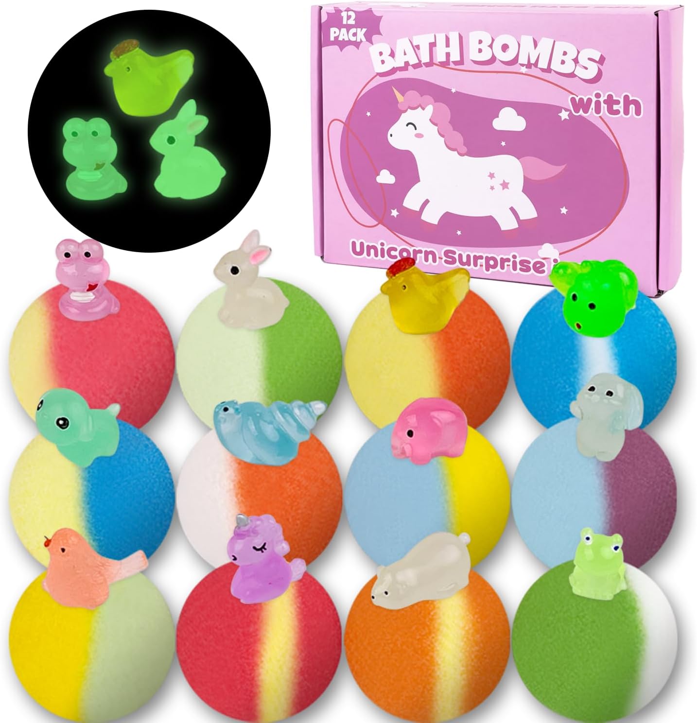 Bath Bombs for Kids with Toy Inside, 36 Pcs Bath Bombs with Glow in The Dark Dinosaur, Animal and Ocean Surprise Inside, Handmade Organic Bubble Bath Ball Gift Set for Birthday, Easter, Christmas