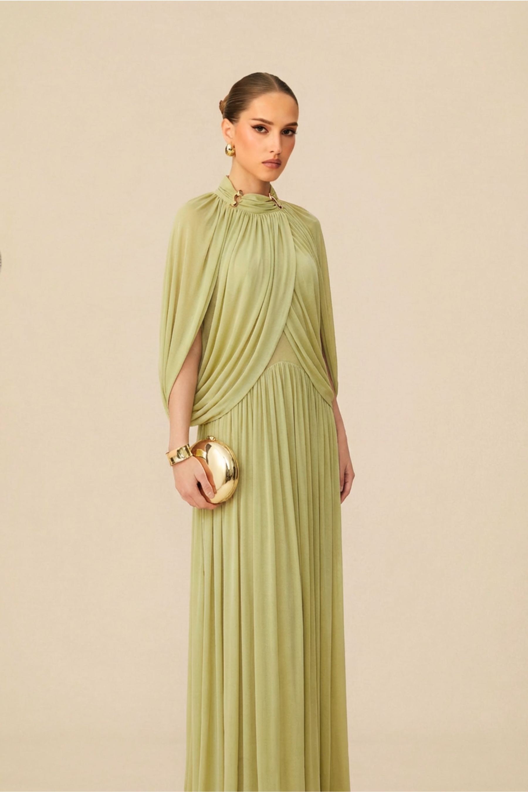 Twilight Whispers Green Draped Cape Sleeve Knit Maxi Dress-purelyfable