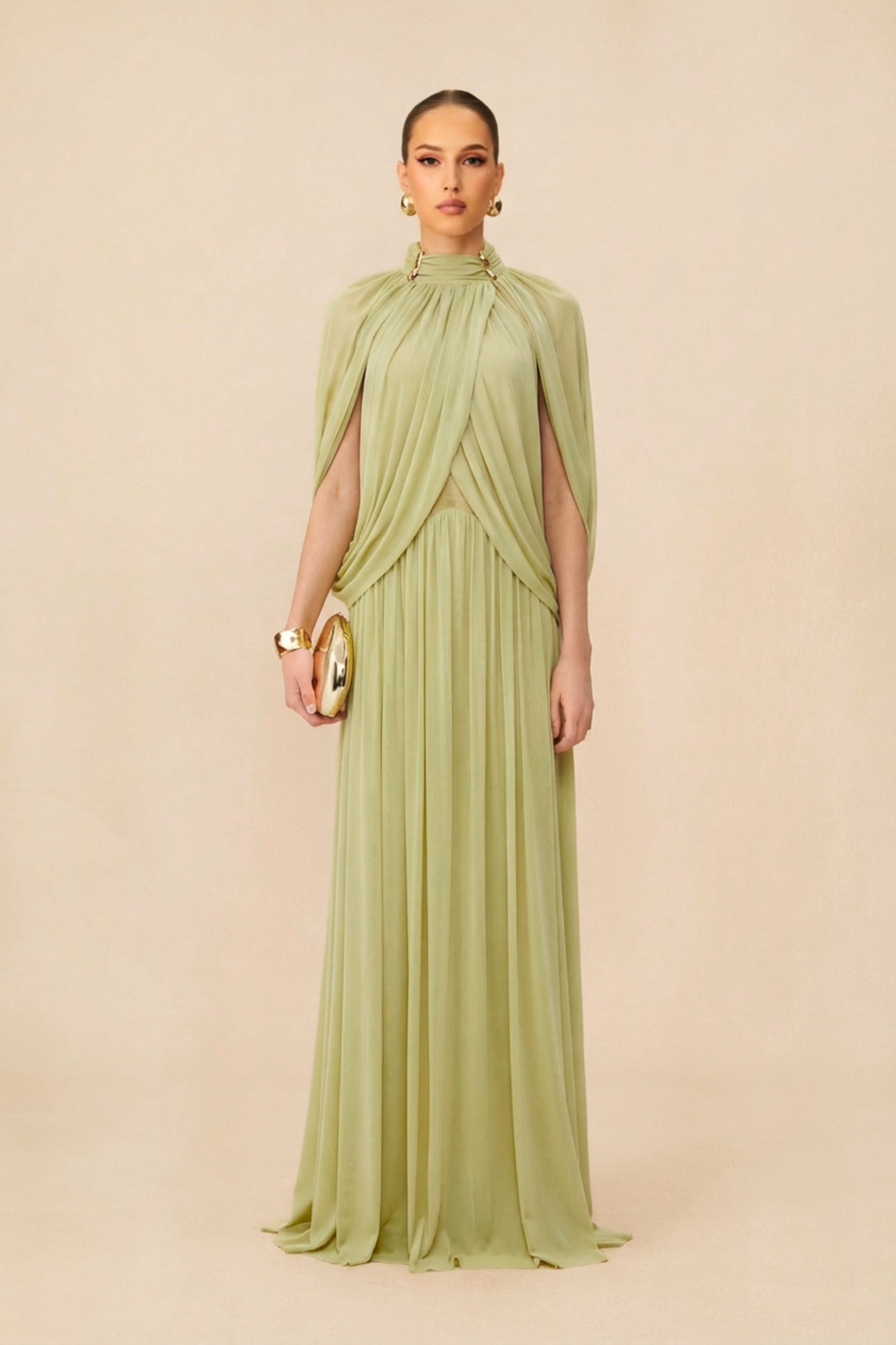 Twilight Whispers Green Draped Cape Sleeve Knit Maxi Dress-purelyfable