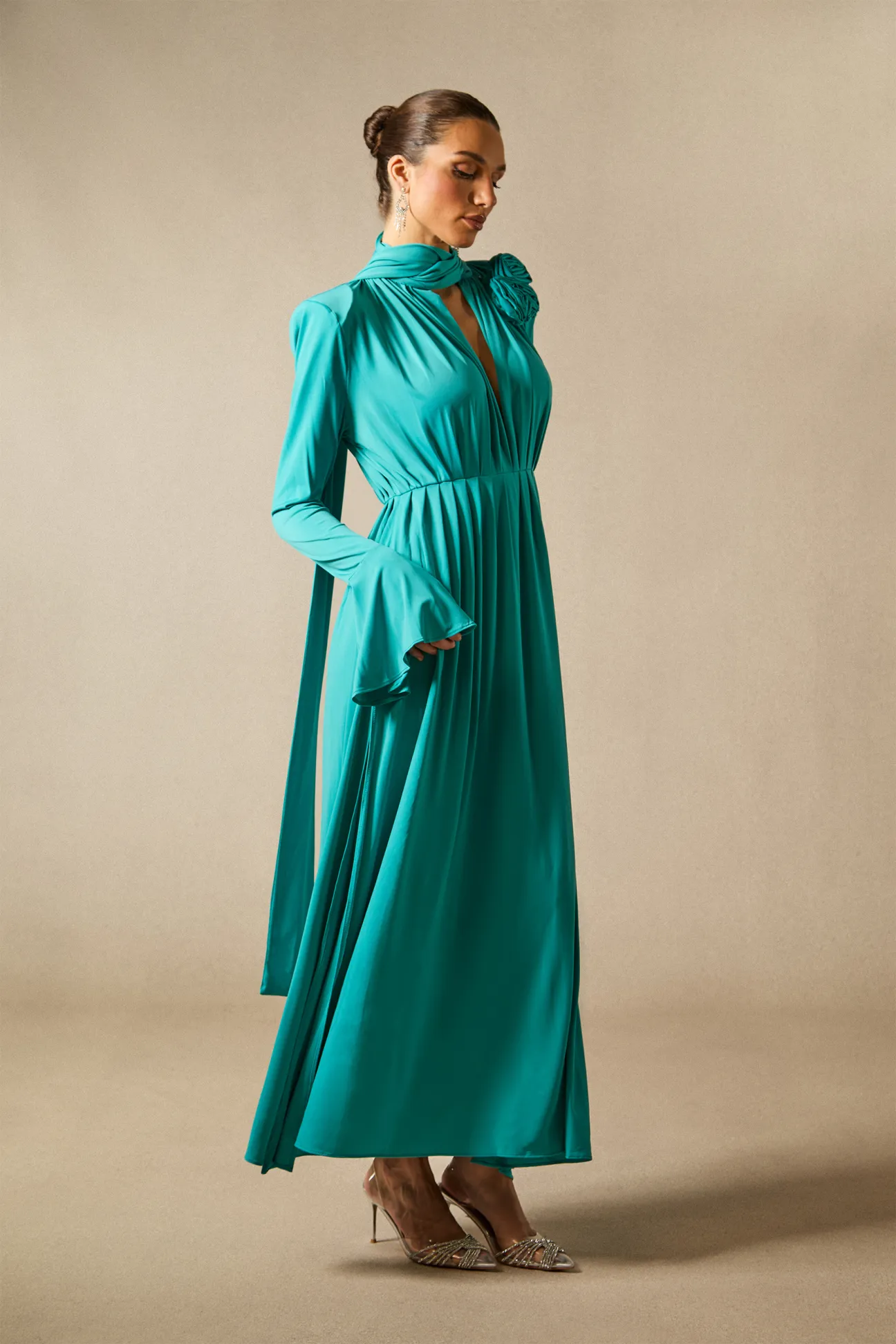 Yedda Flower Trimmed V-Neckline Pleated Slit Maxi Dress