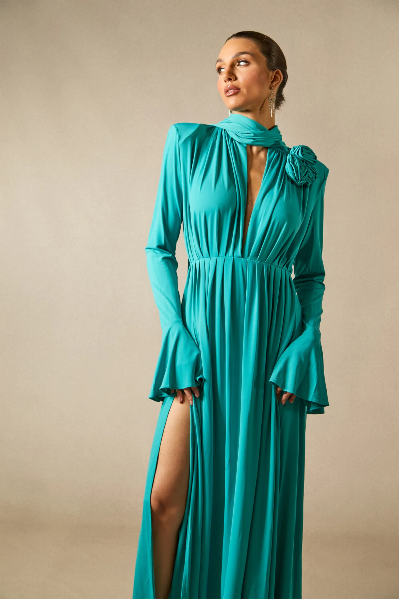 Yedda Flower Trimmed V-Neckline Pleated Slit Maxi Dress