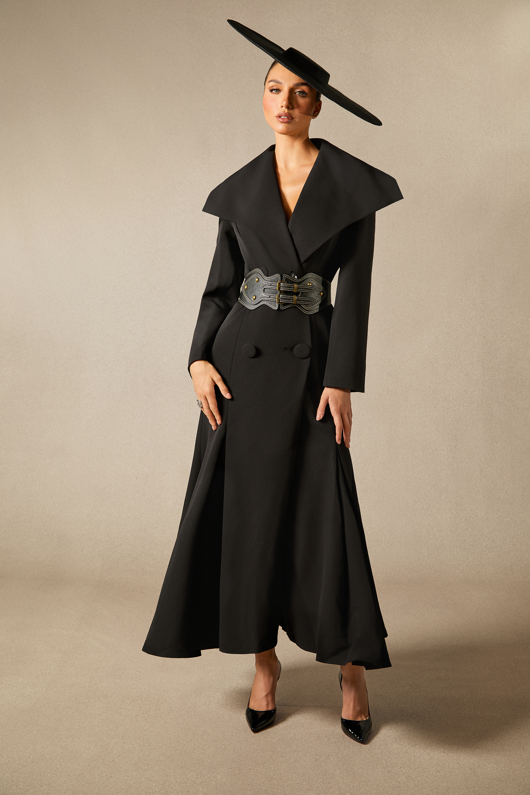 Gabrielle Wide Lapel Double Breasted Coat with Belt-purelyfable