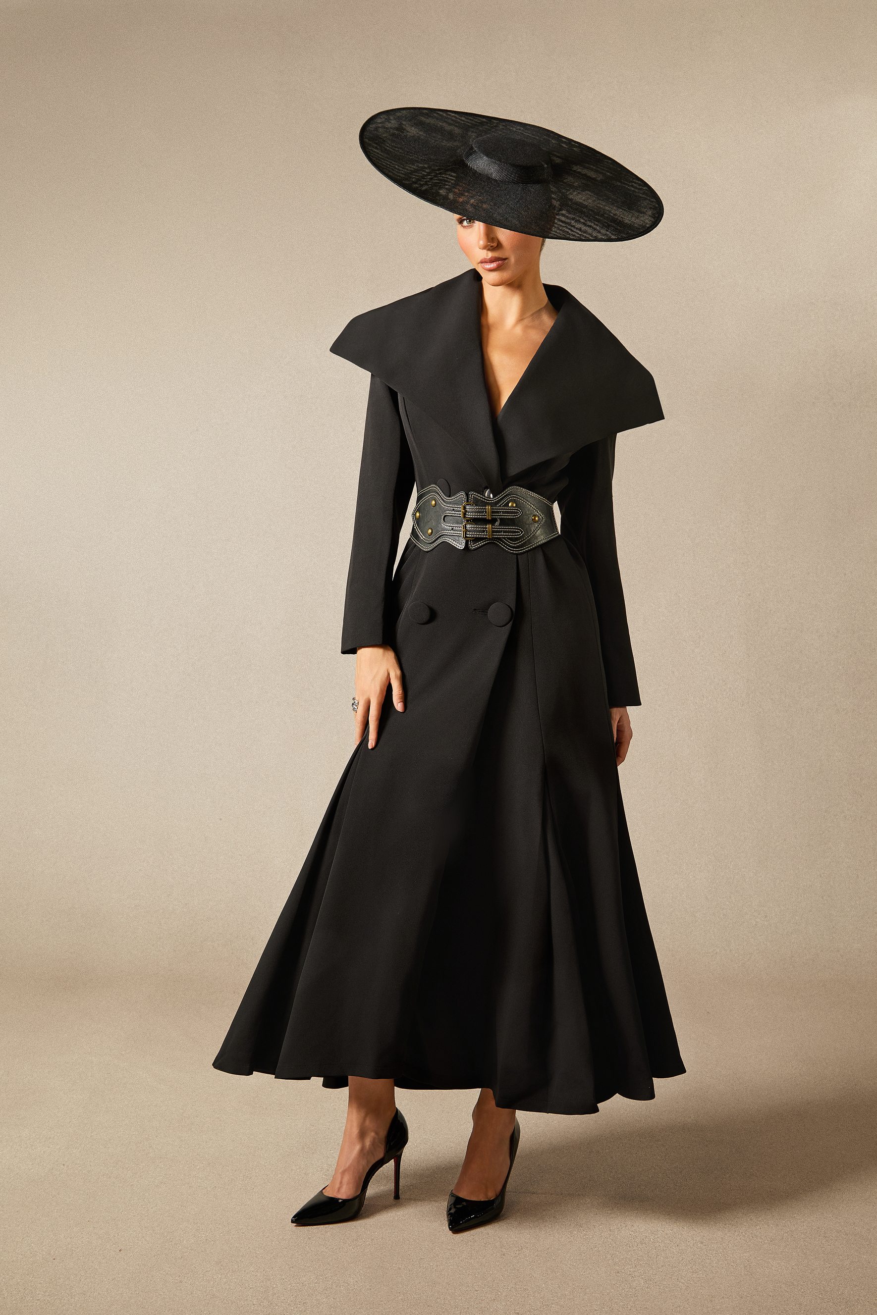 Gabrielle Wide Lapel Double Breasted Coat with Belt-purelyfable