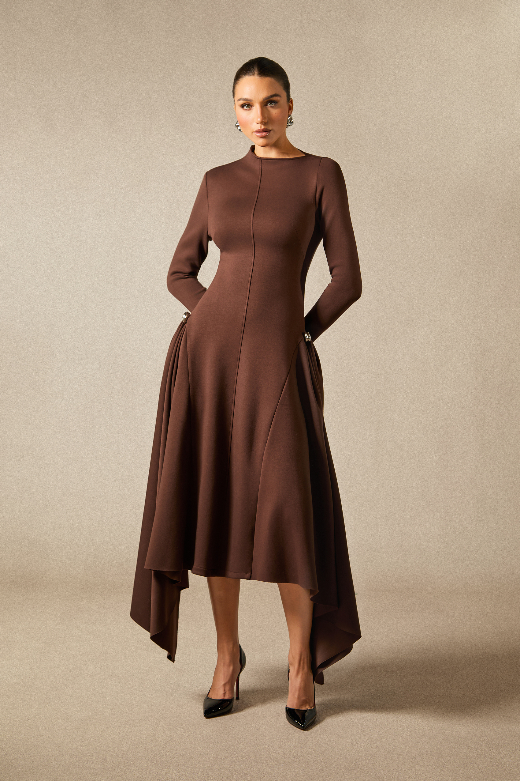 Olivia Long Sleeve Asymmetric Hem Midi Dress-purelyfable