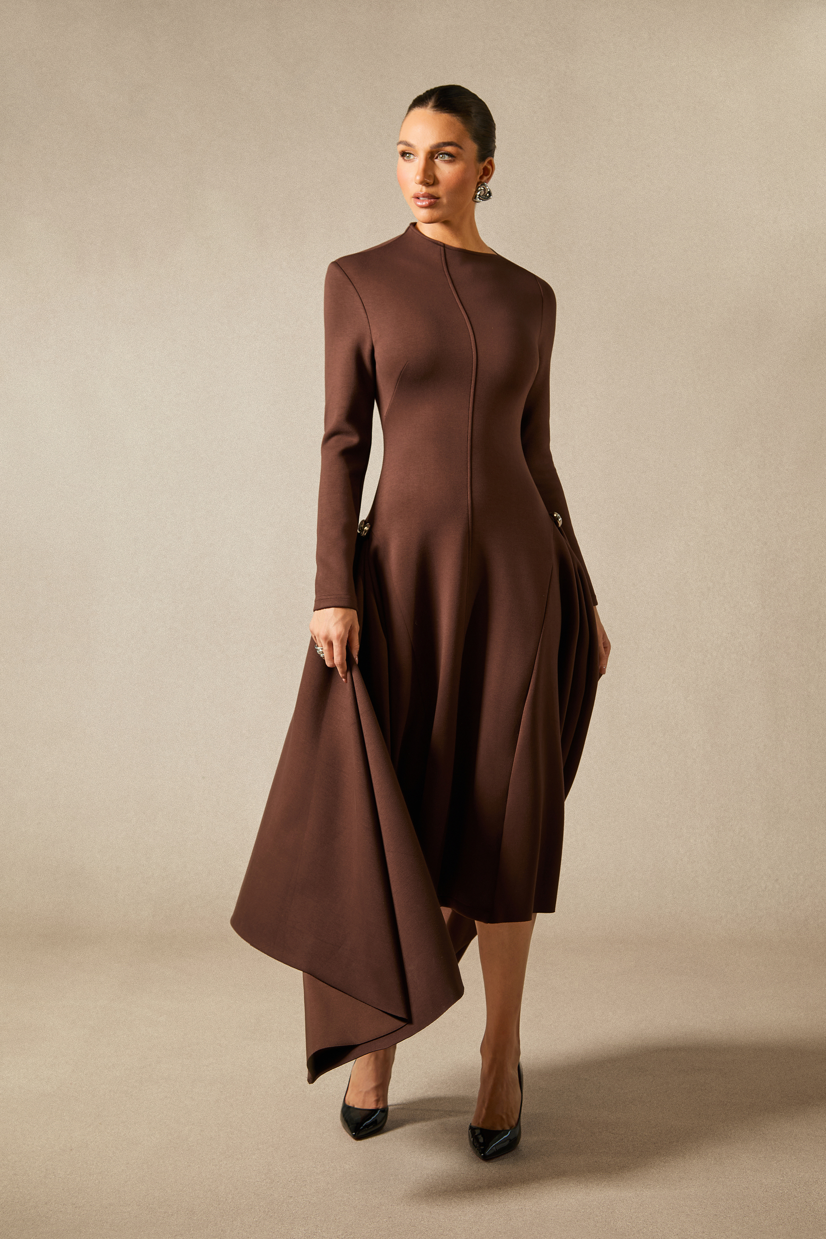 Olivia Long Sleeve Asymmetric Hem Midi Dress-purelyfable