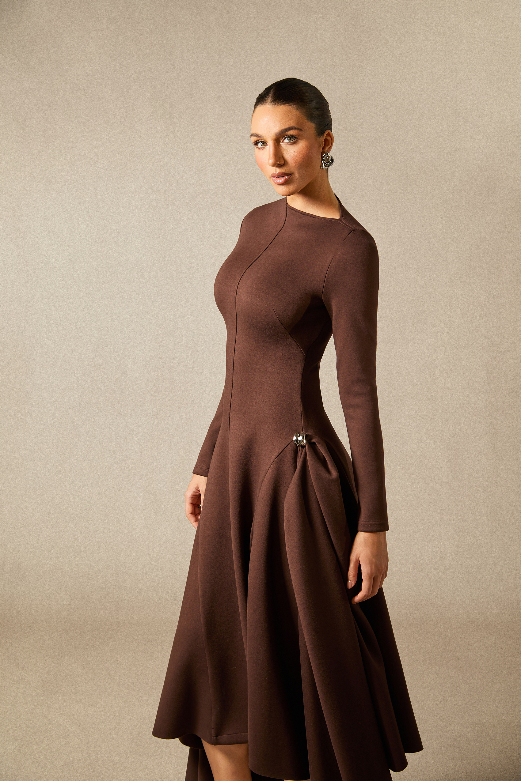Olivia Long Sleeve Asymmetric Hem Midi Dress-purelyfable