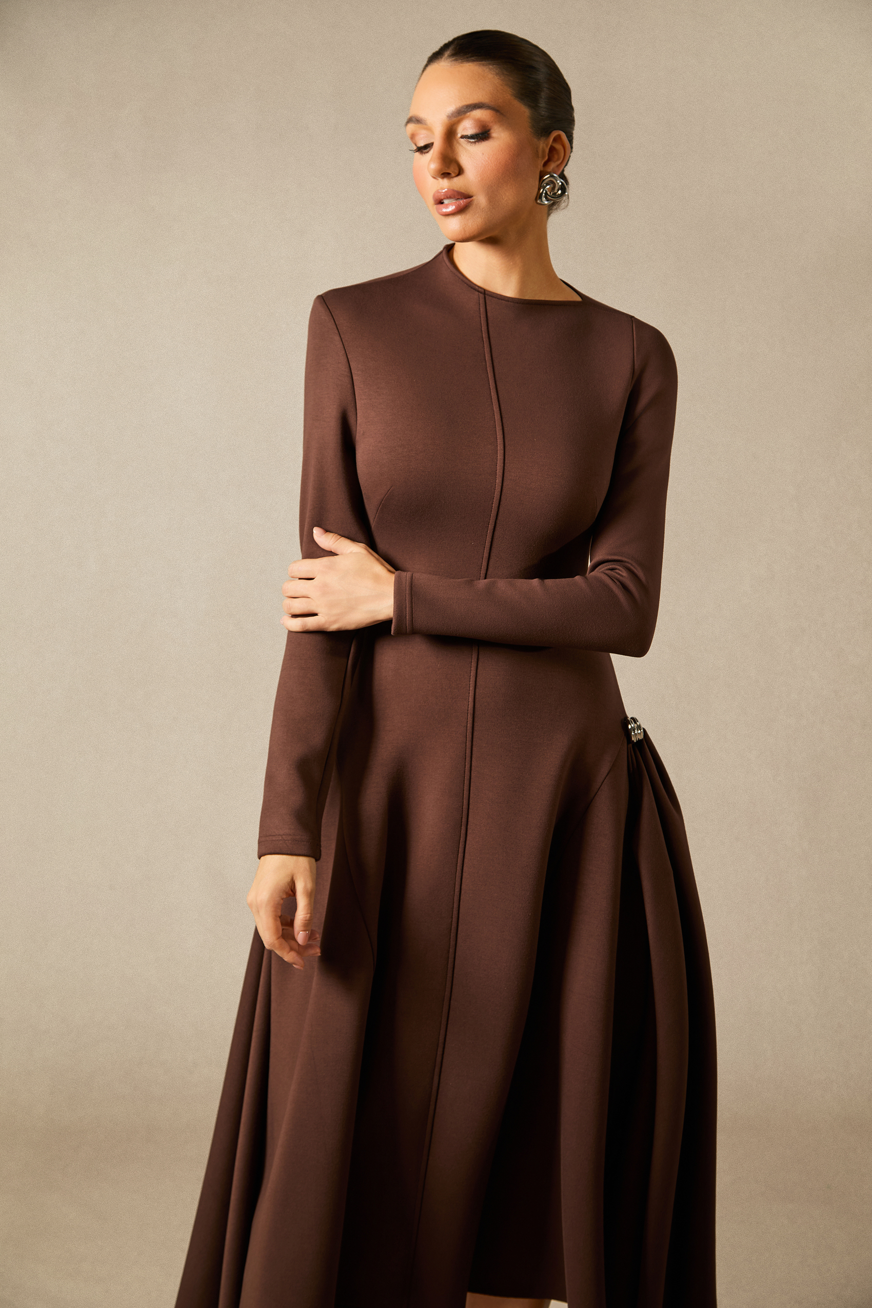 Olivia Long Sleeve Asymmetric Hem Midi Dress-purelyfable