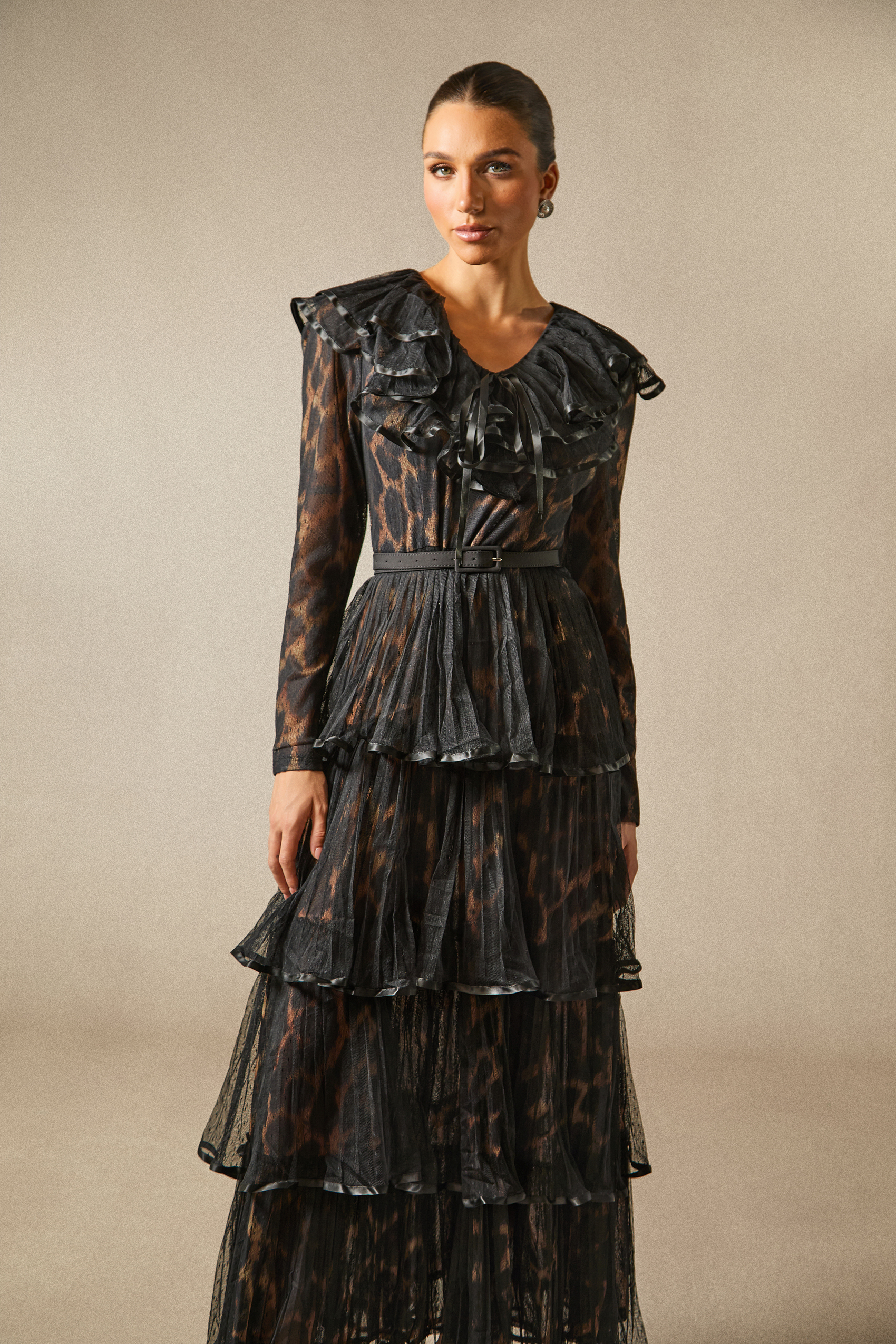 Loretta Leopard Print Tiered Ruffle Maxi Dress-purelyfable