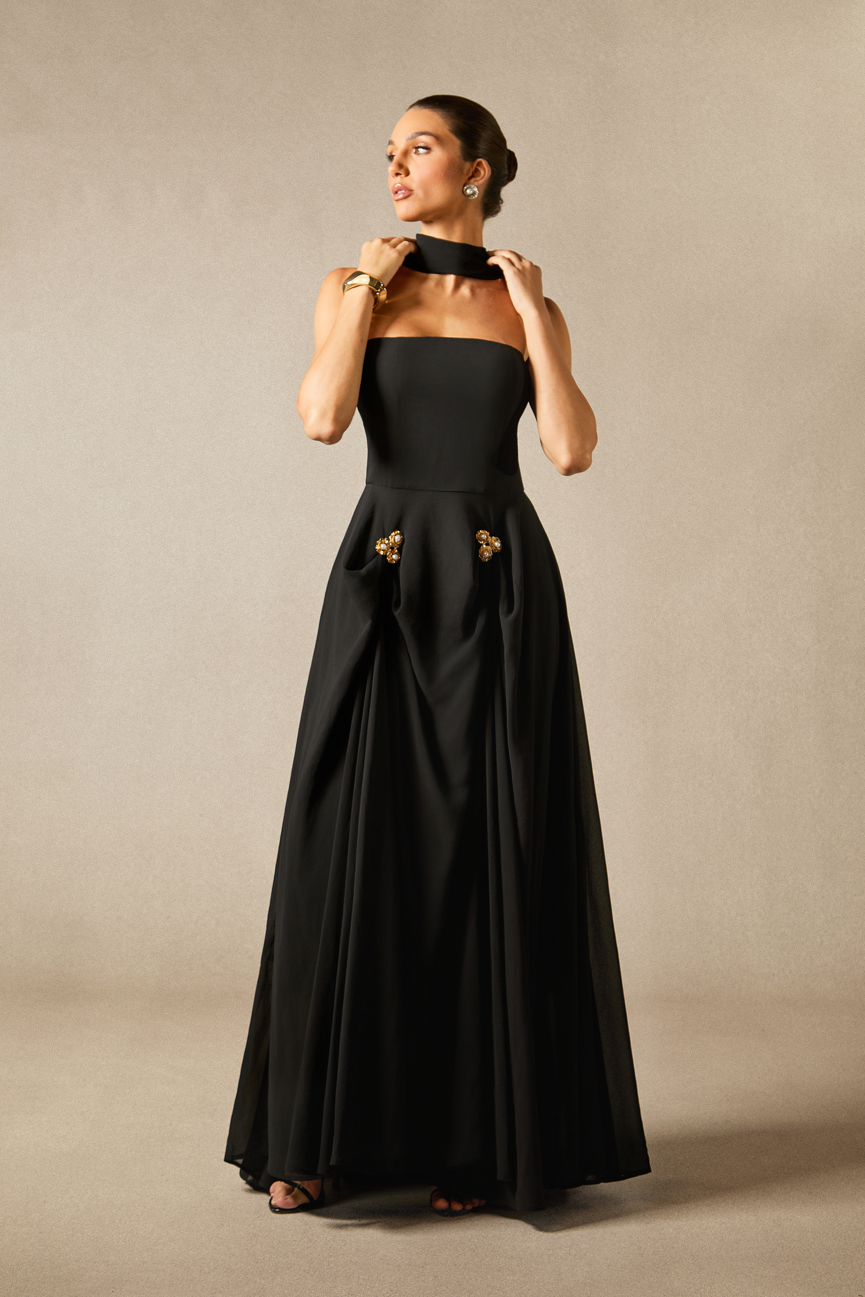 Sarah Strapless Floral Detail Maxi Dress with Scarf-purelyfable