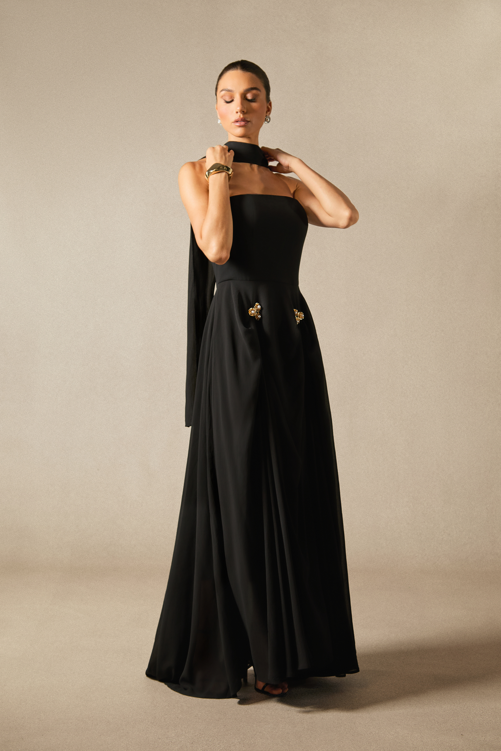 Sarah Strapless Floral Detail Maxi Dress with Scarf-purelyfable