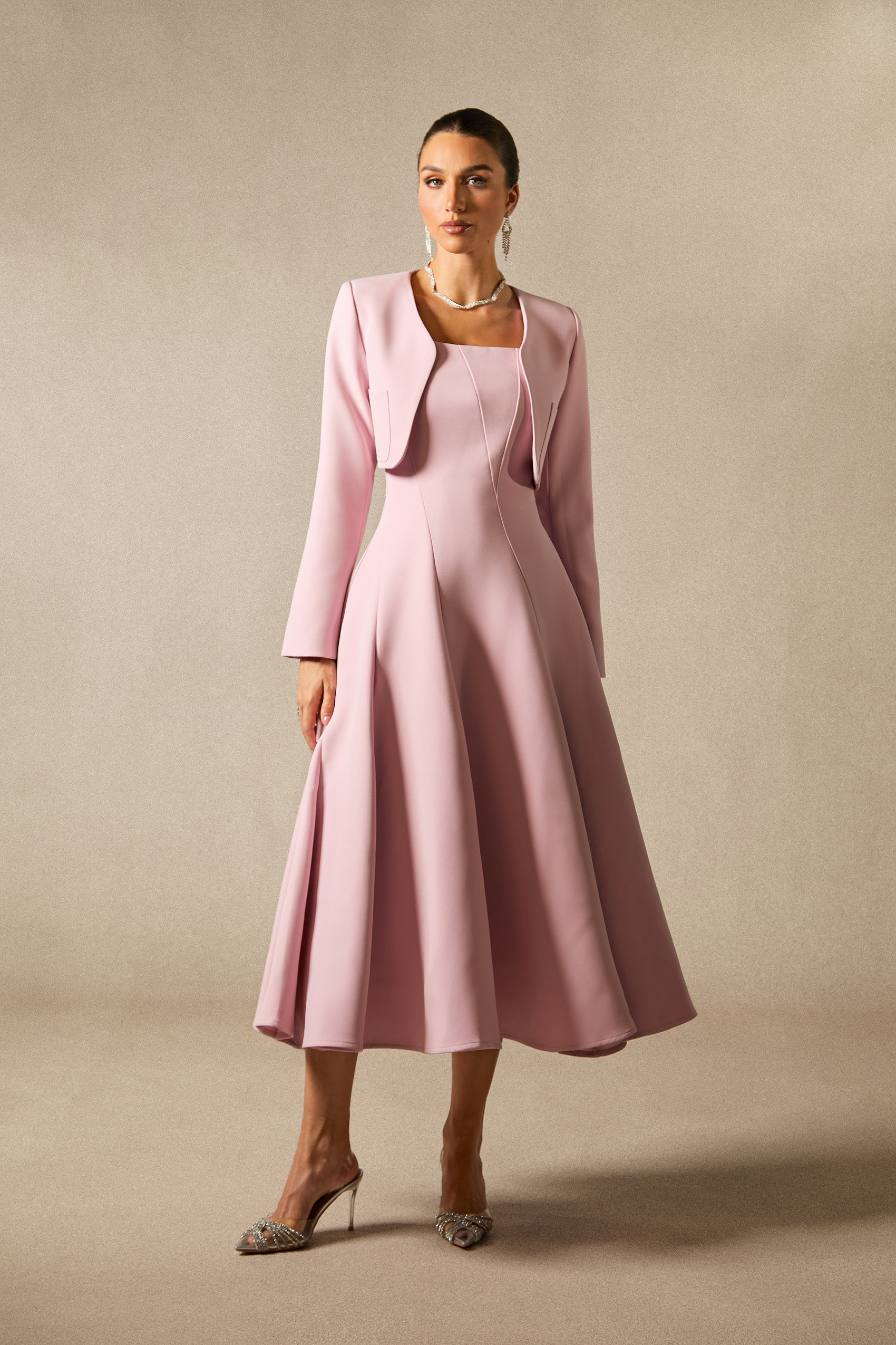 Cora Cropped Jacket Spaghetti Strap Midi Dress Set-purelyfable