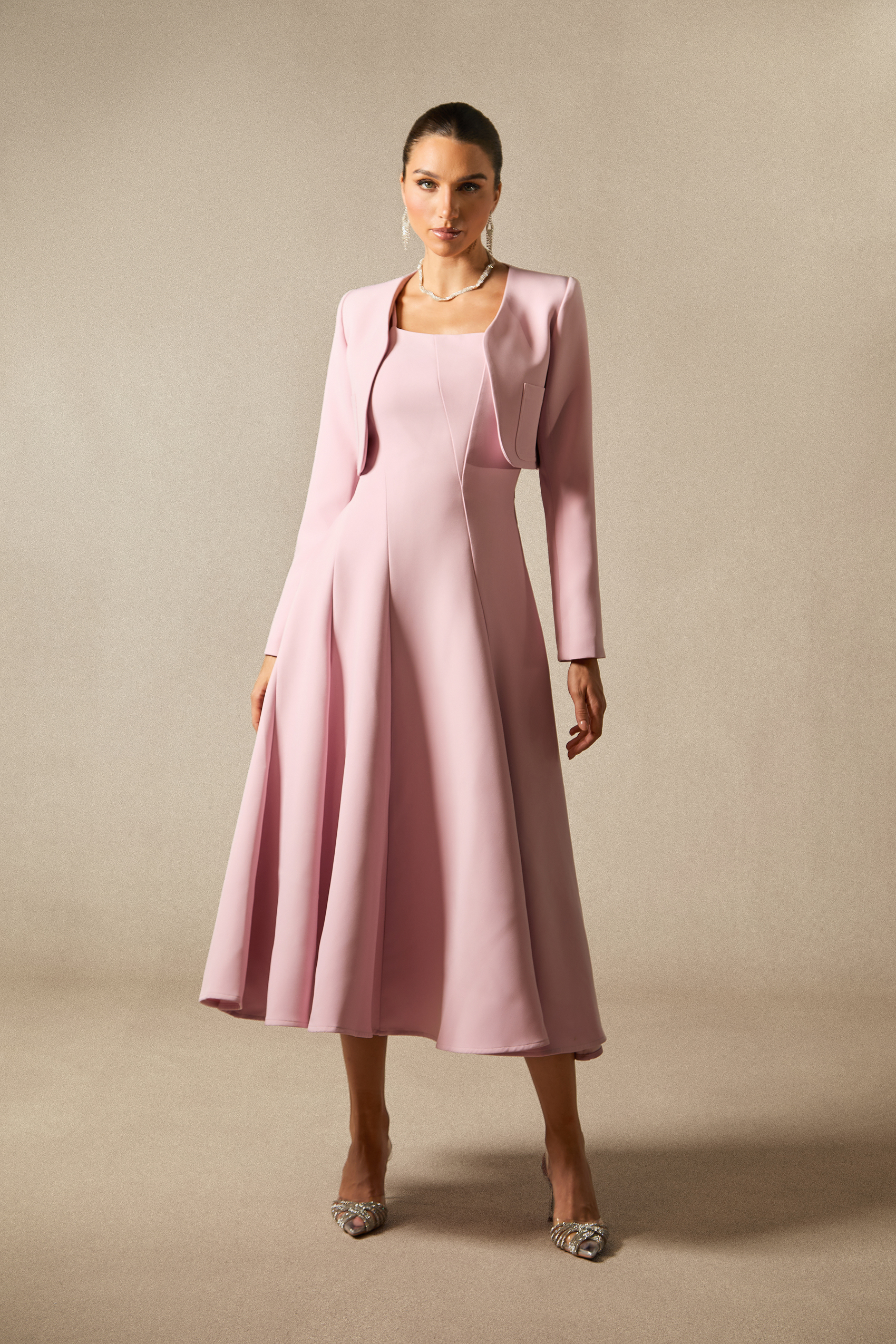 Cora Cropped Jacket Spaghetti Strap Midi Dress Set-purelyfable