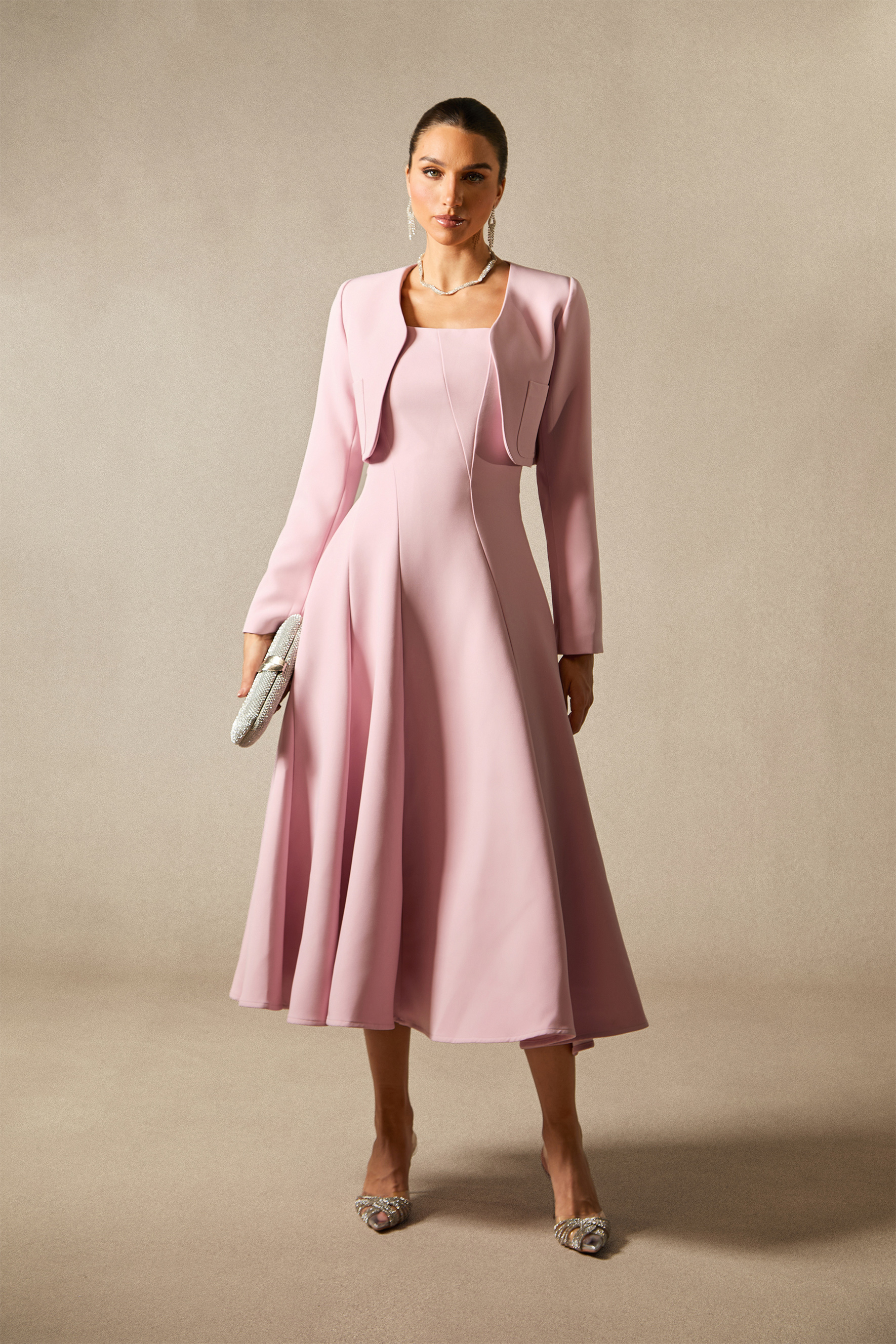 Cora Cropped Jacket Spaghetti Strap Midi Dress Set-purelyfable
