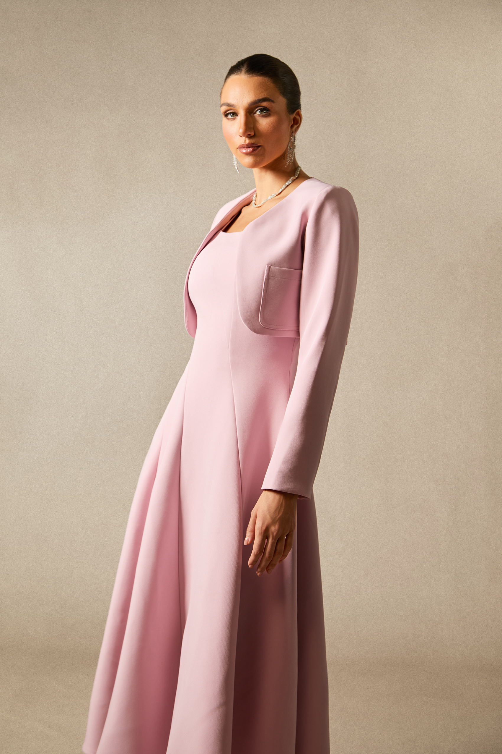 Cora Cropped Jacket Spaghetti Strap Midi Dress Set-purelyfable