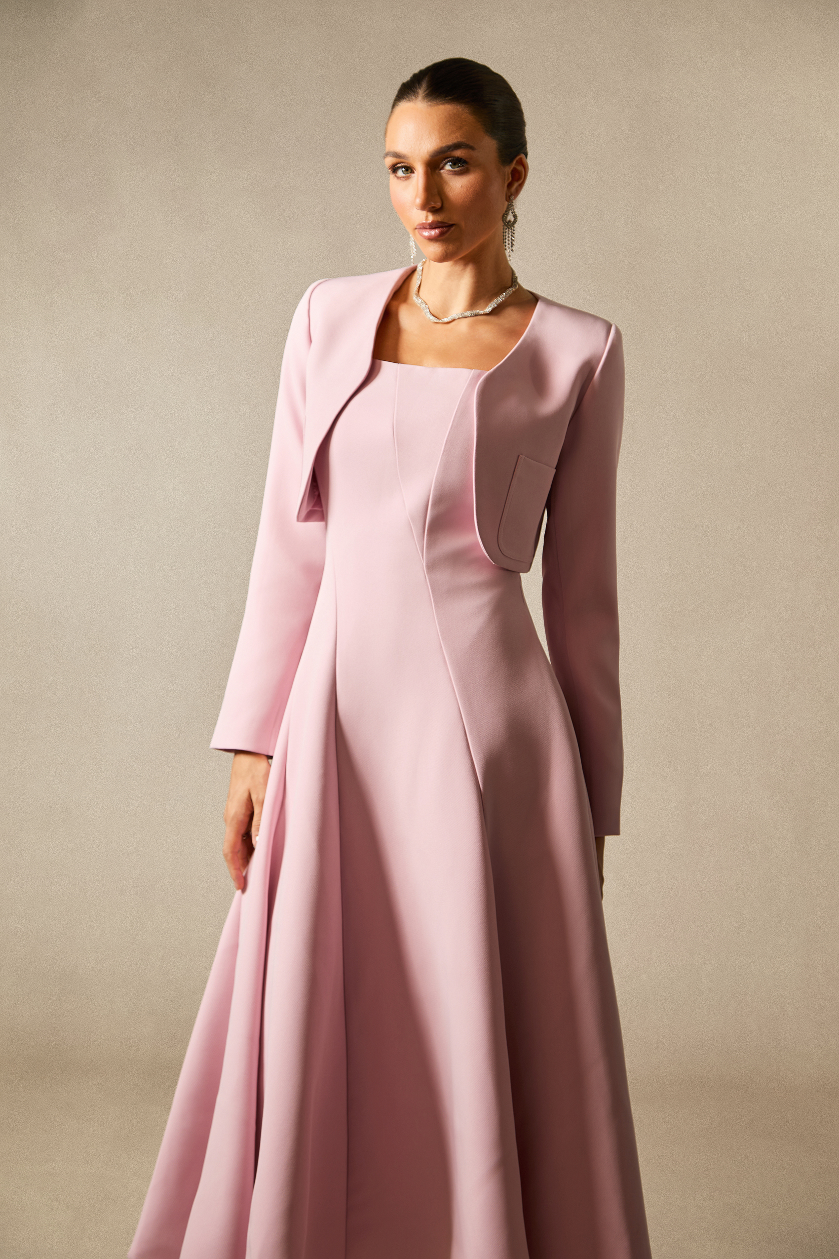 Cora Cropped Jacket Spaghetti Strap Midi Dress Set-purelyfable