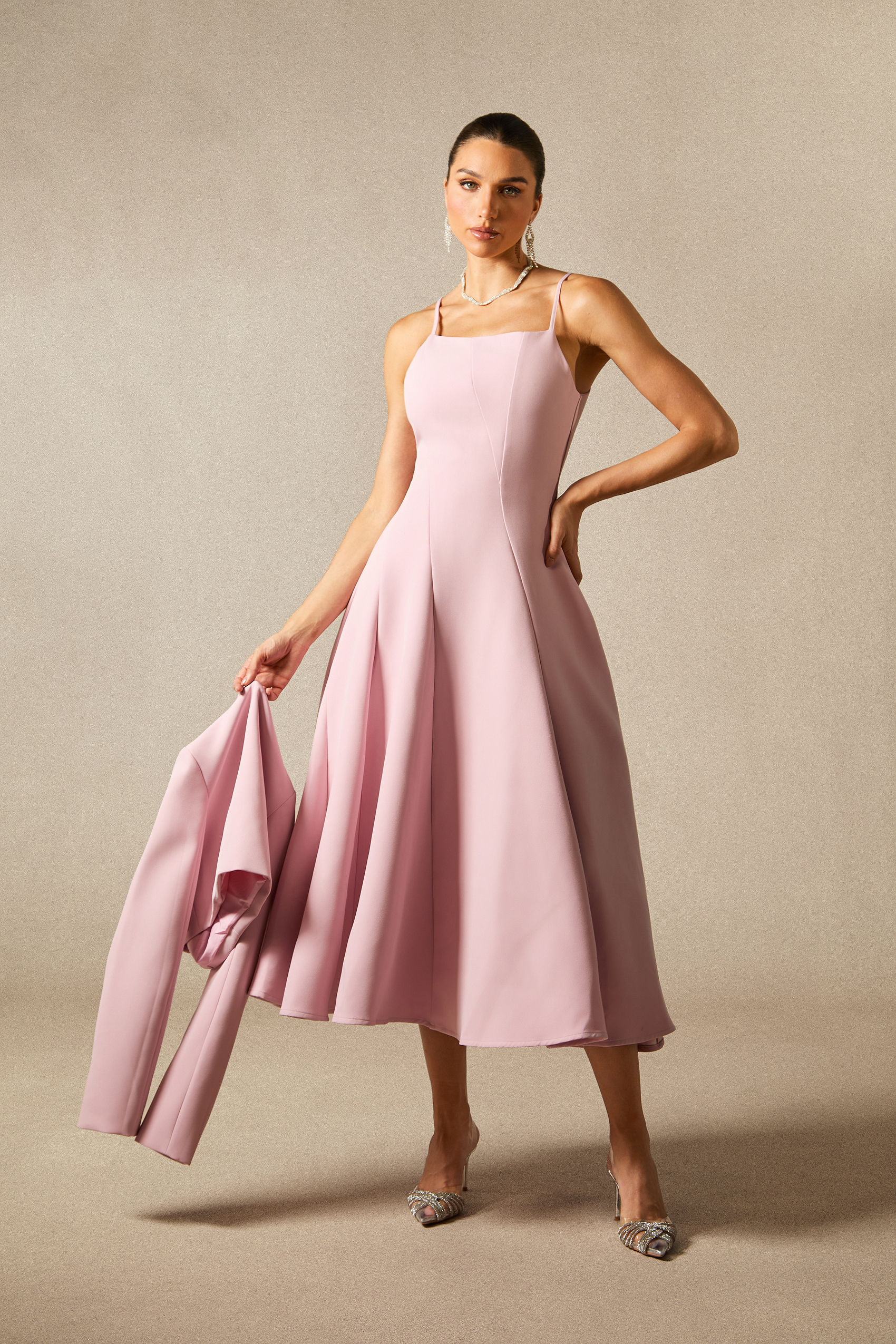 Cora Cropped Jacket Spaghetti Strap Midi Dress Set-purelyfable